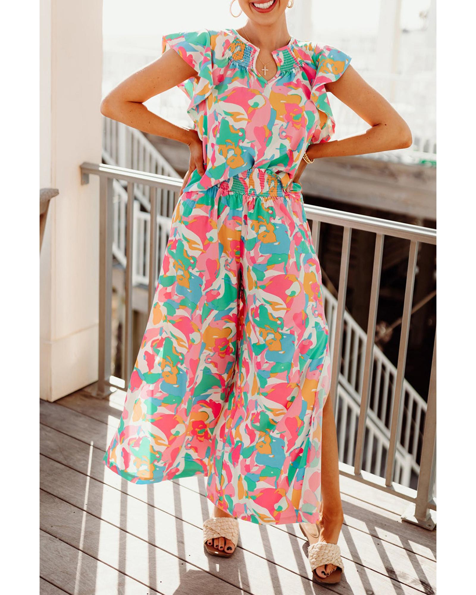 Floral Ruffled Sleeve Top Smocked Wide Leg Pants Set - M 3