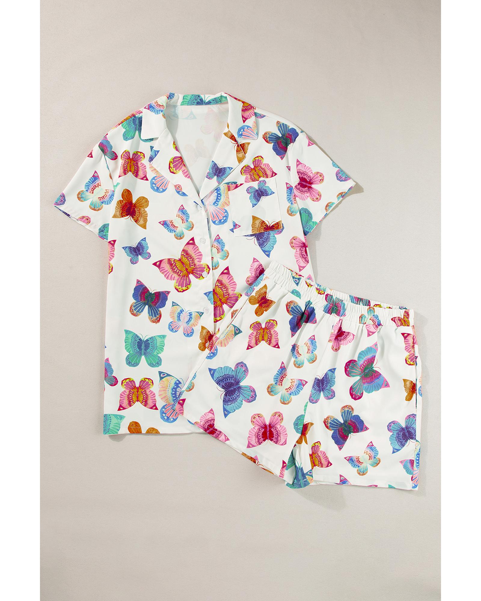 Multicolour Butterfly Pattern Short Sleeve Shirt Pajamas Set - L 5