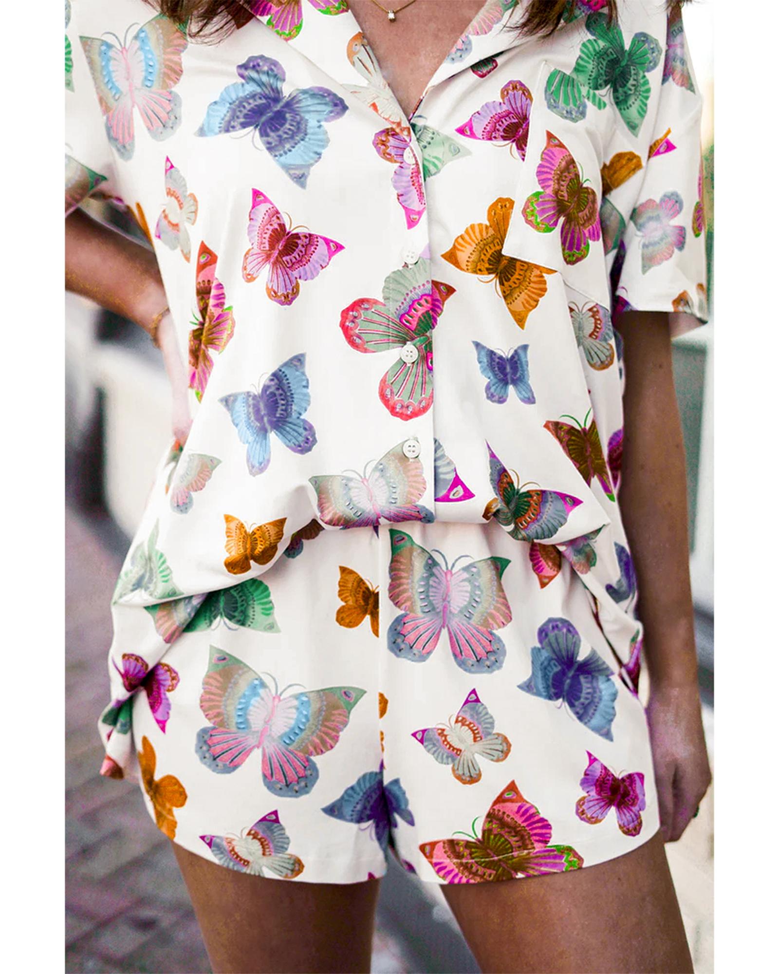 Multicolour Butterfly Pattern Short Sleeve Shirt Pajamas Set - L 8