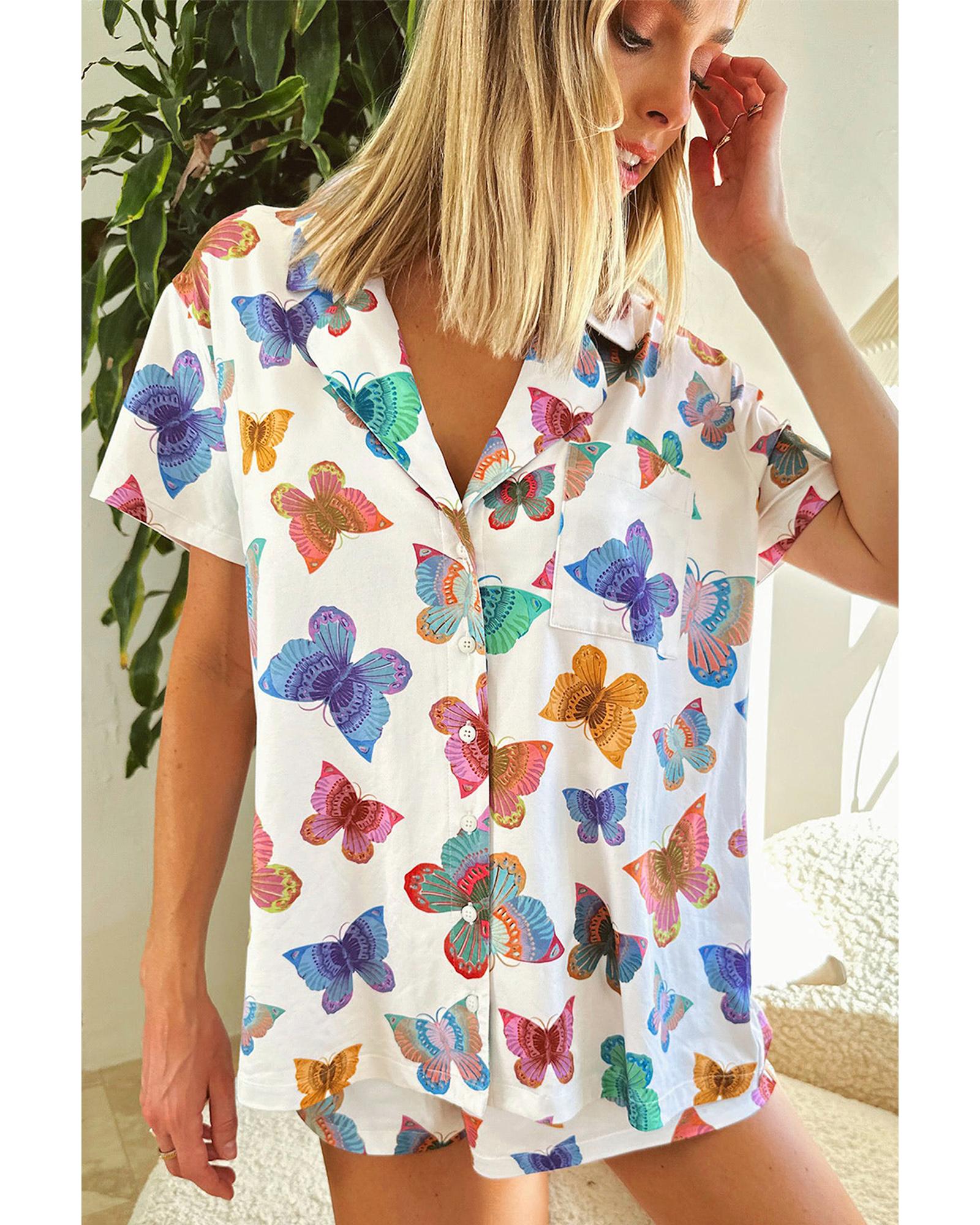 Multicolour Butterfly Pattern Short Sleeve Shirt Pajamas Set - M 3