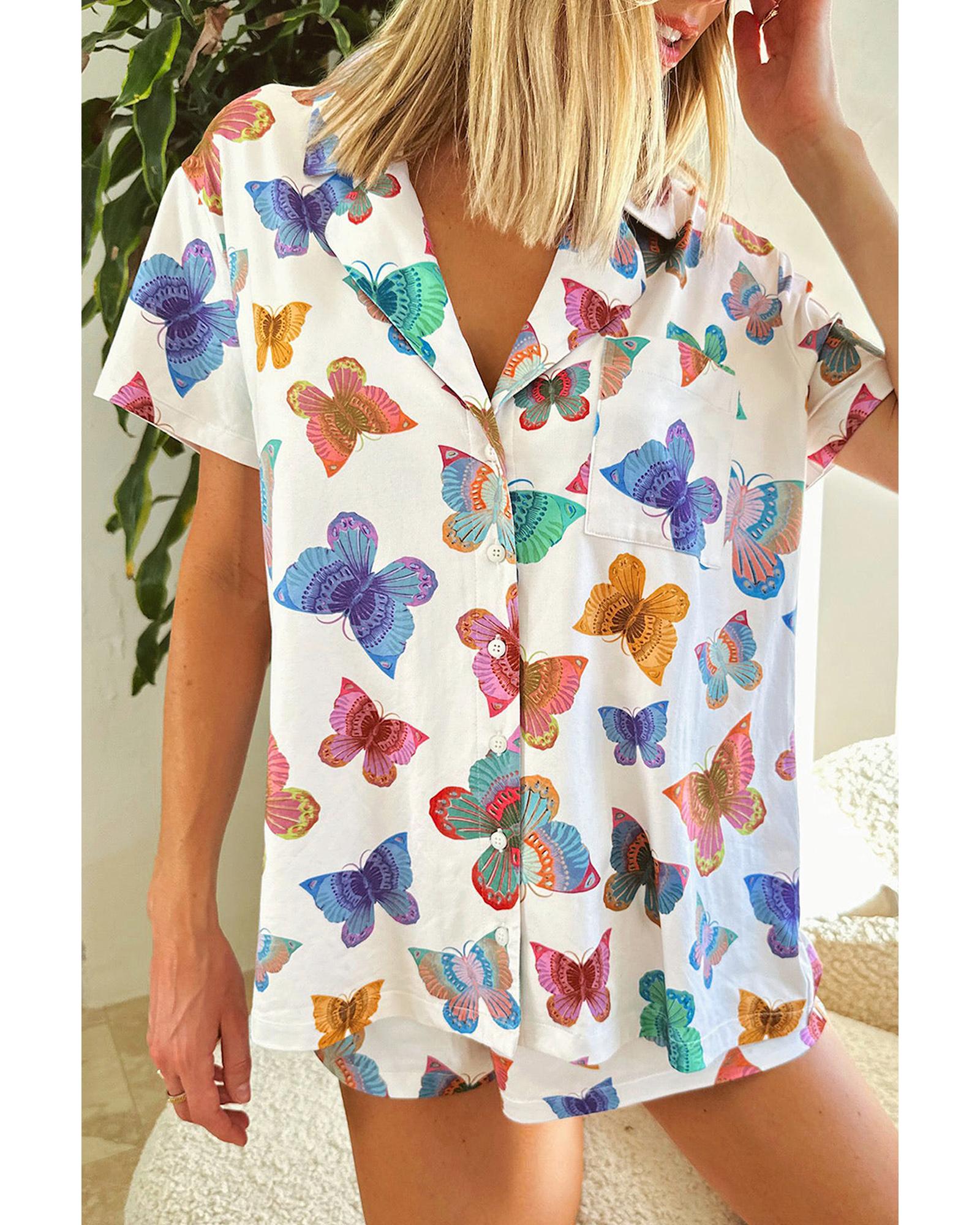 Multicolour Butterfly Pattern Short Sleeve Shirt Pajamas Set - XL