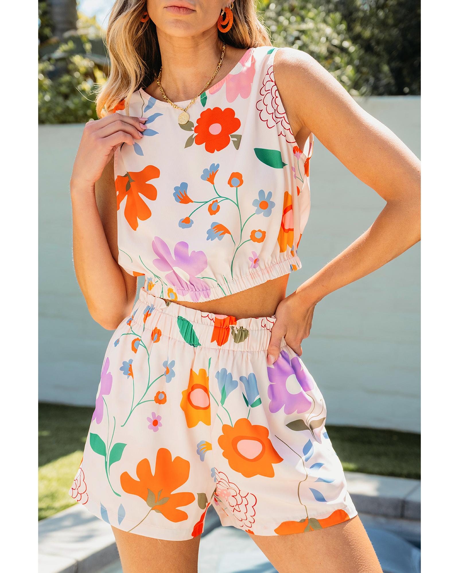 White Floral Cropped Tank and Frilly High Waist Shorts - L 8