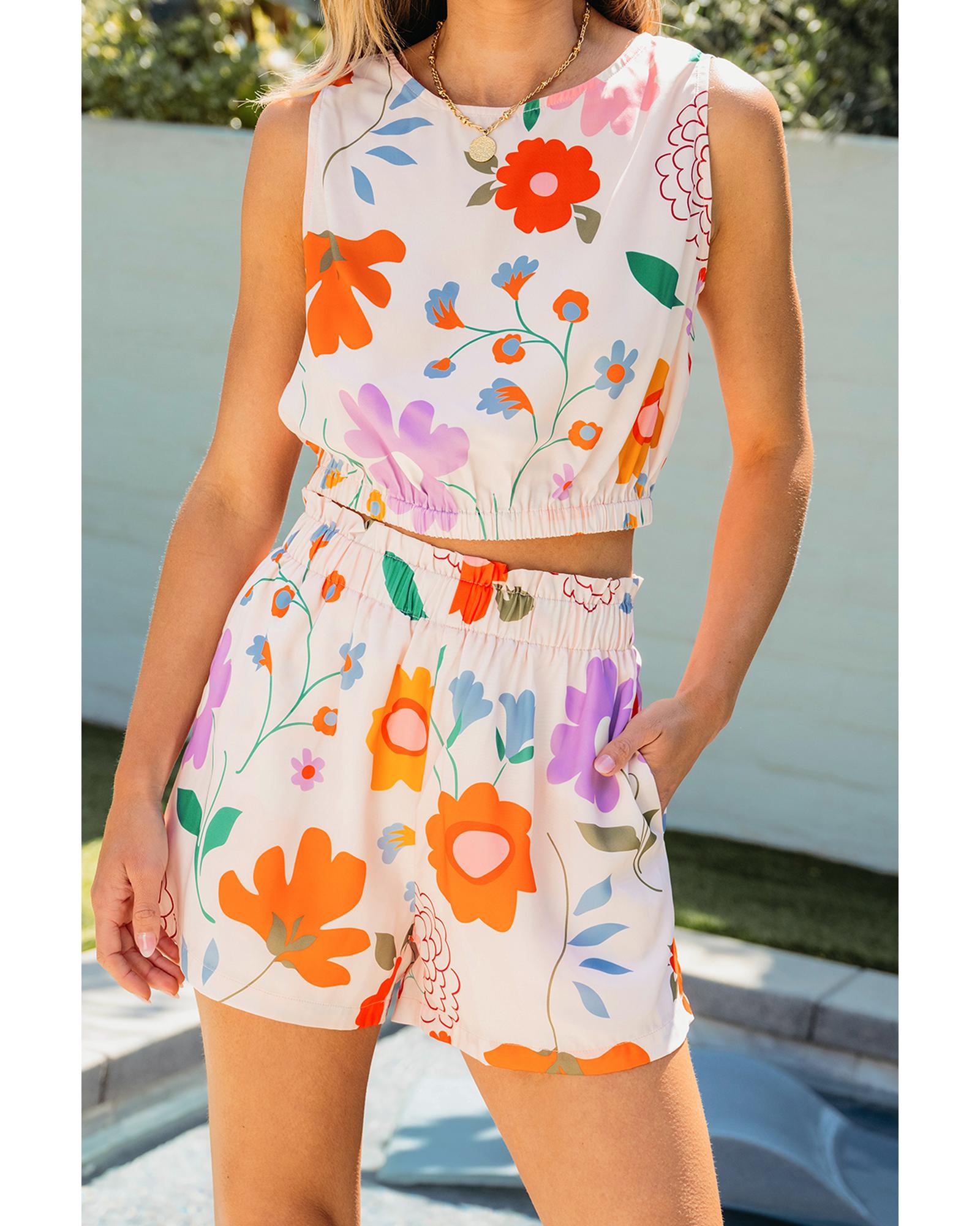 White Floral Cropped Tank and Frilly High Waist Shorts - XL 3
