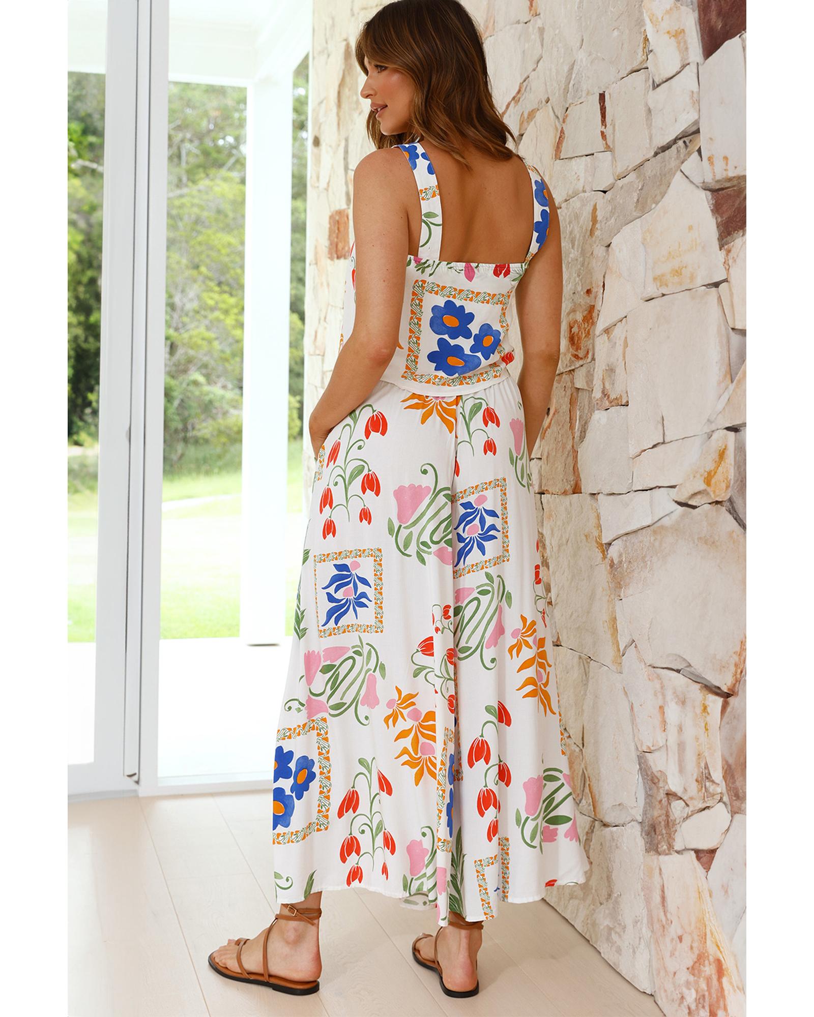White Colorful Printed Square Neck Tank and Wide Leg Pants Set - XL