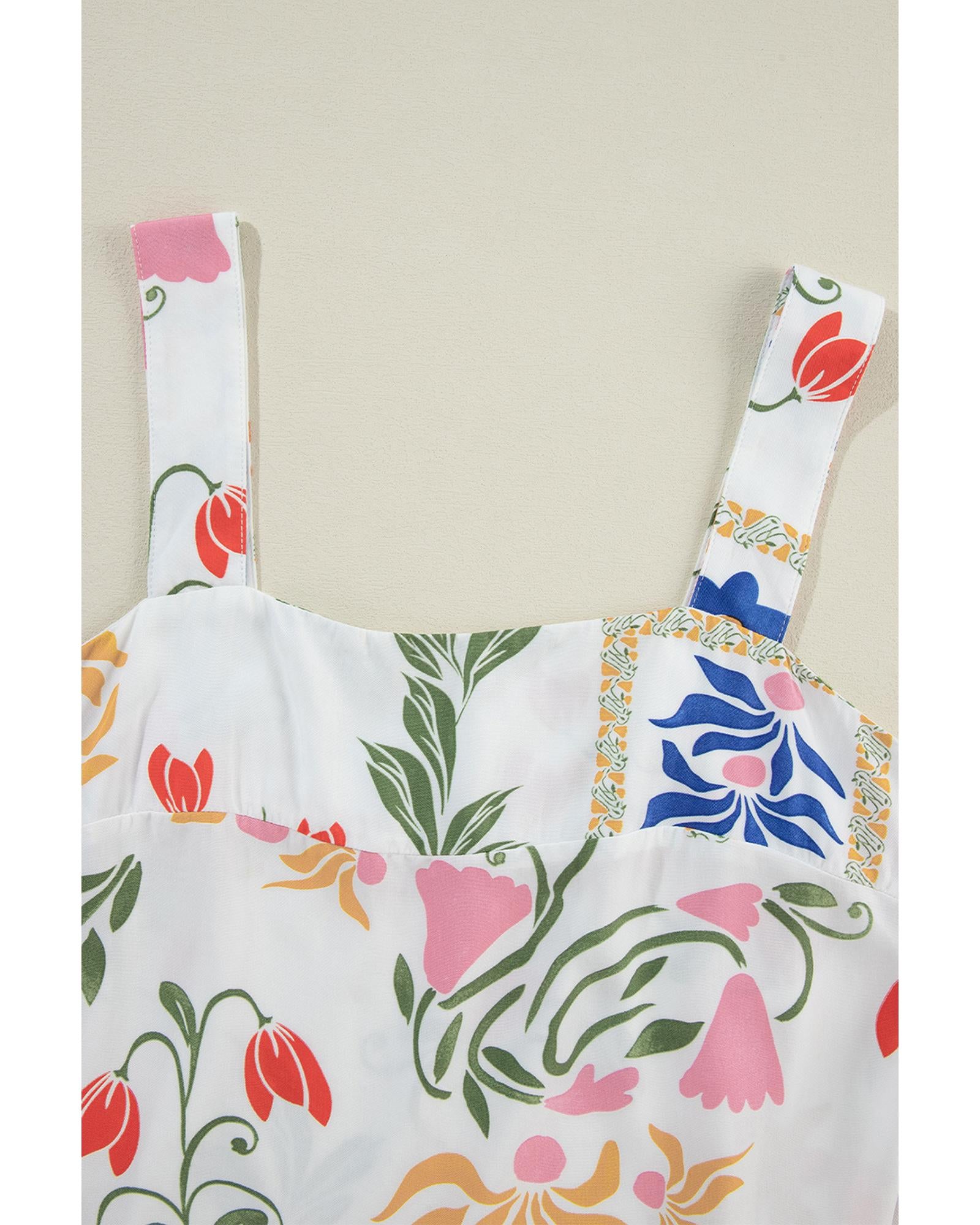 White Colorful Printed Square Neck Tank and Wide Leg Pants Set - XL 4