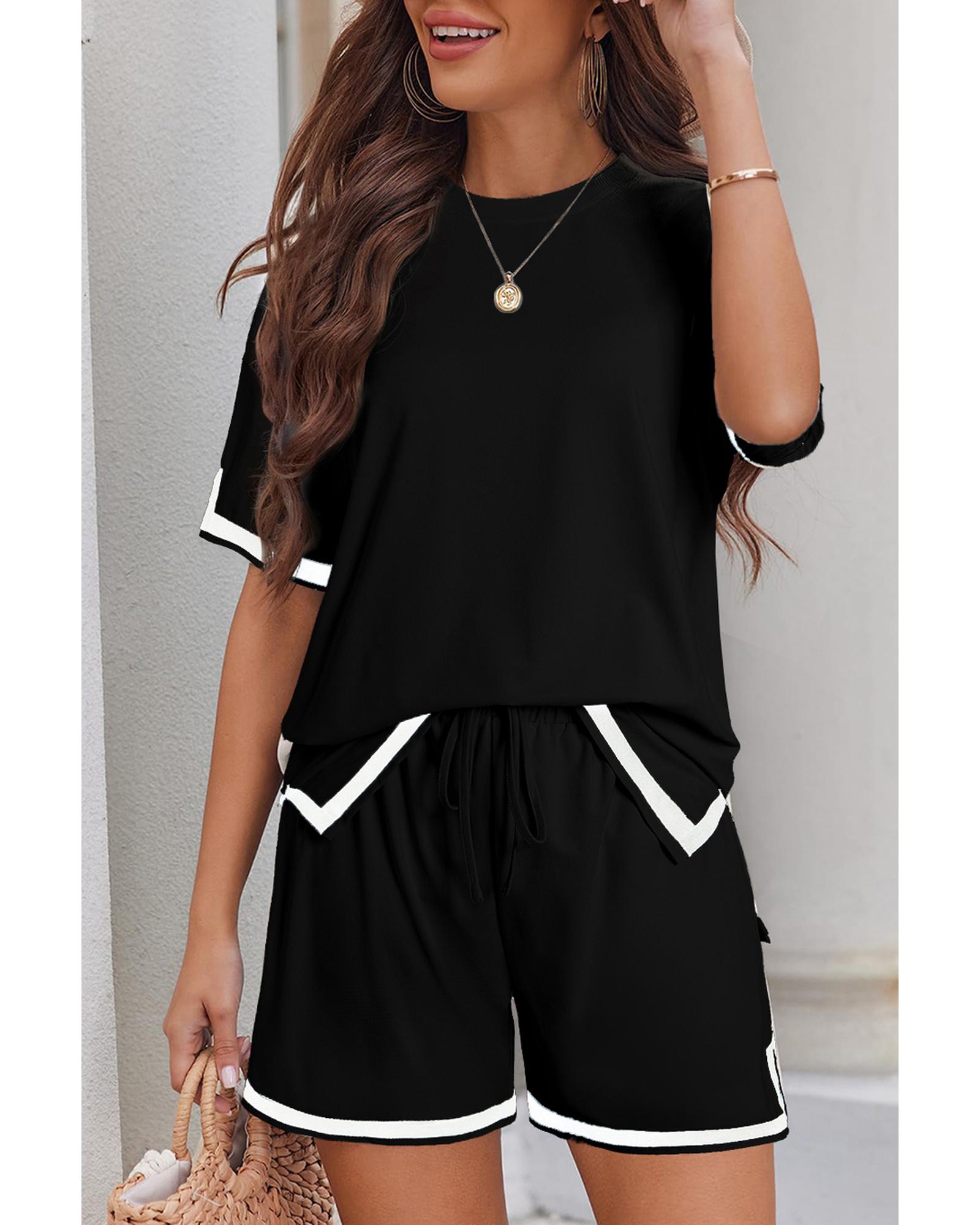 Black Contrast Trim Tee and Shorts Set - L
