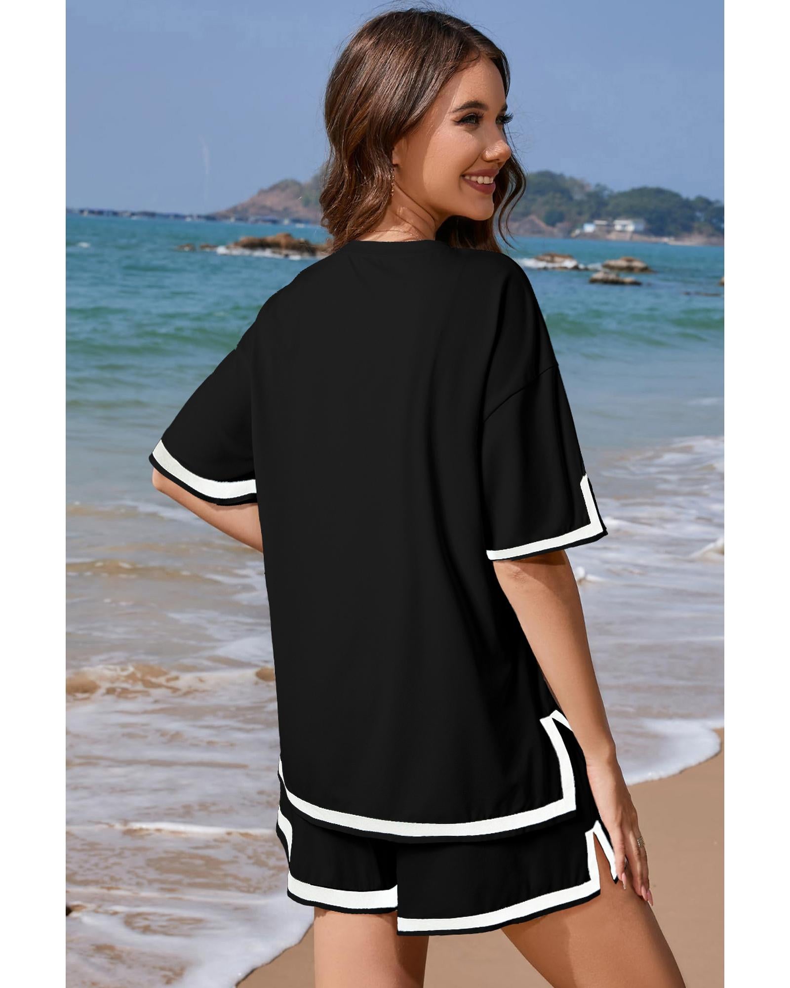 Black Contrast Trim Tee and Shorts Set - L 3