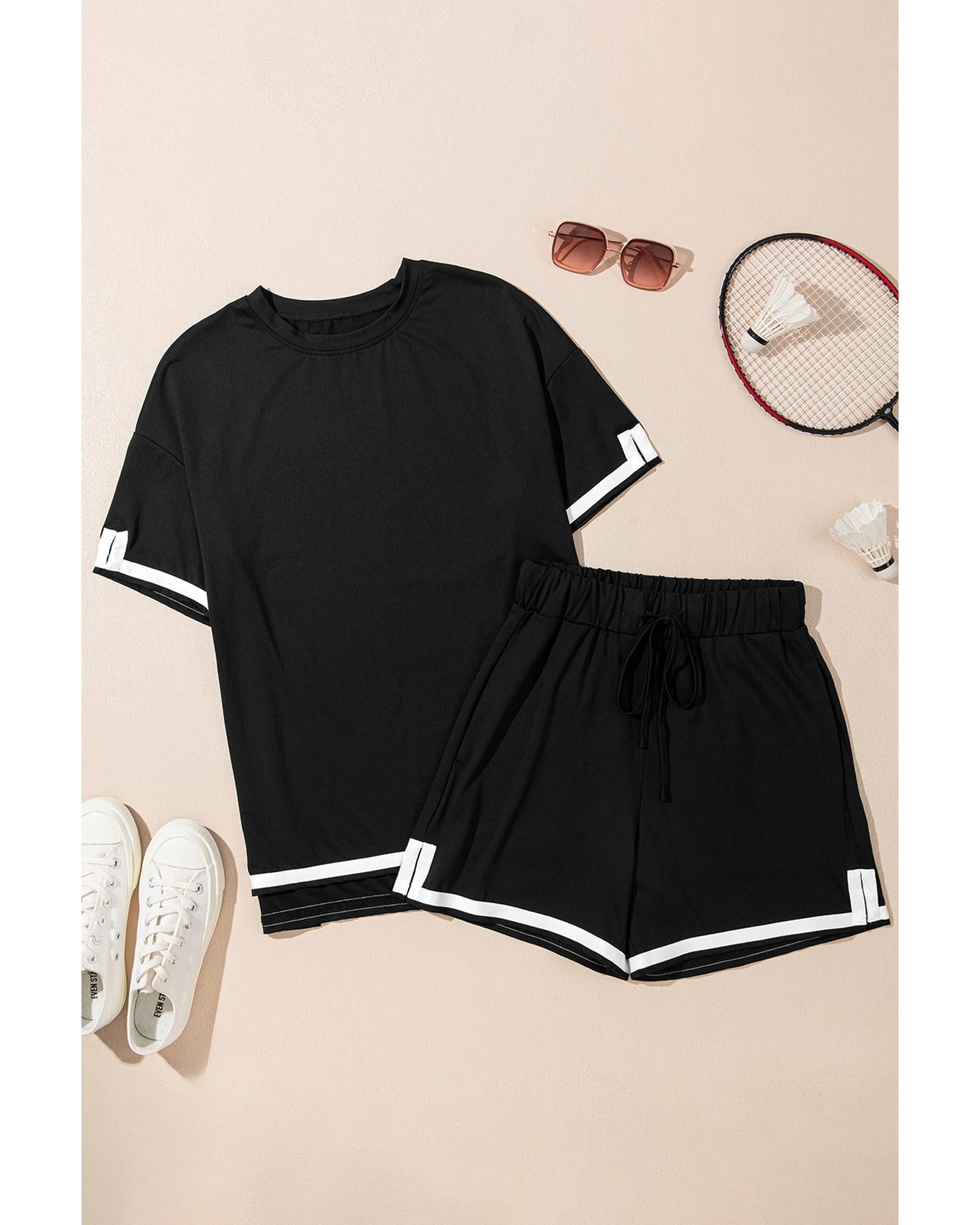 Black Contrast Trim Tee and Shorts Set - L 4