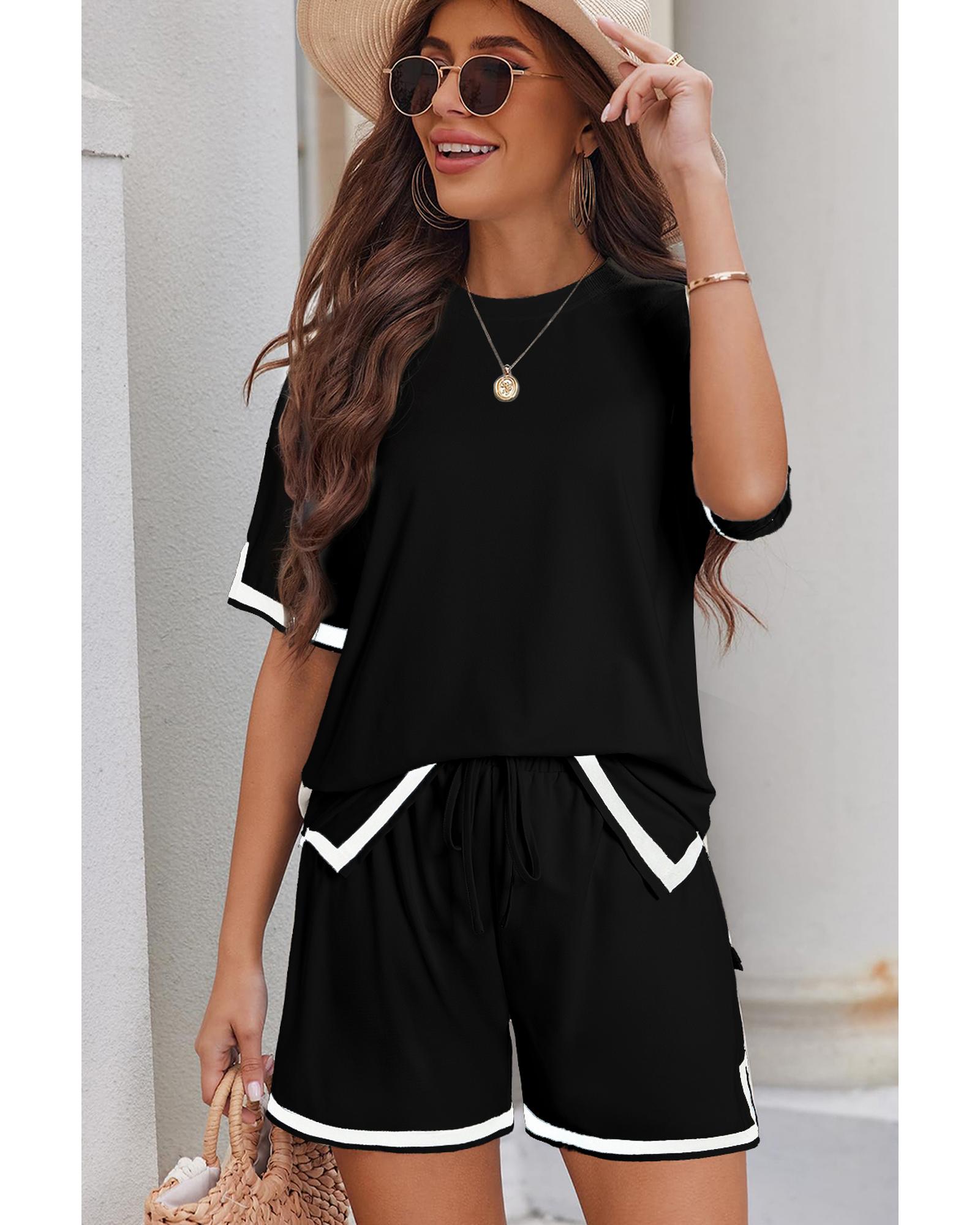 Black Contrast Trim Tee and Shorts Set - L 7