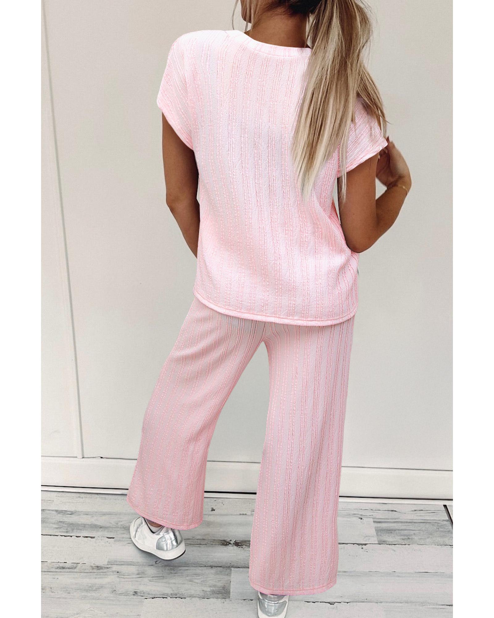 Light Pink Textured Short Sleeve Henley Top and Pocketed Wide Leg Pants - L 4