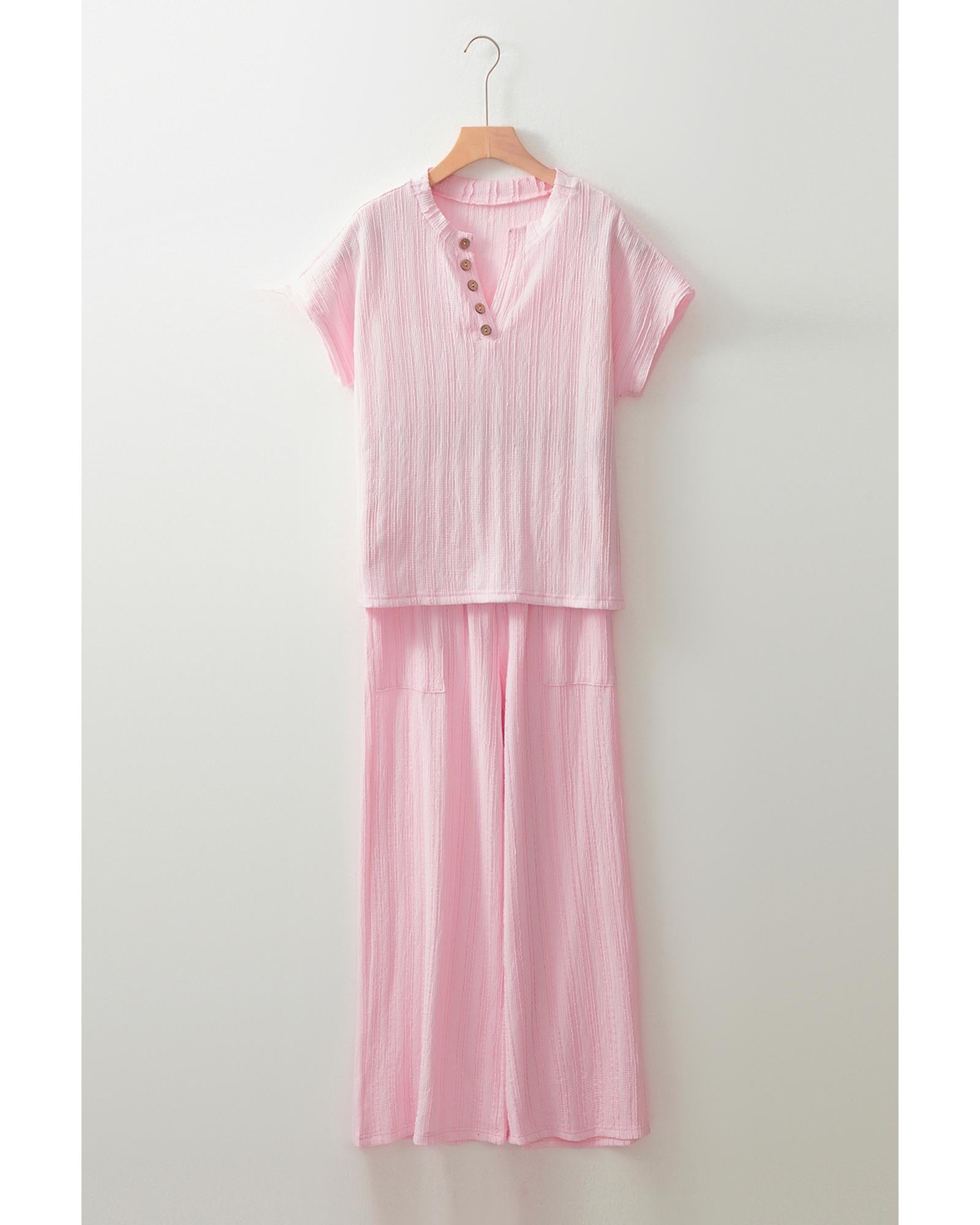 Light Pink Textured Short Sleeve Henley Top and Pocketed Wide Leg Pants - L 5