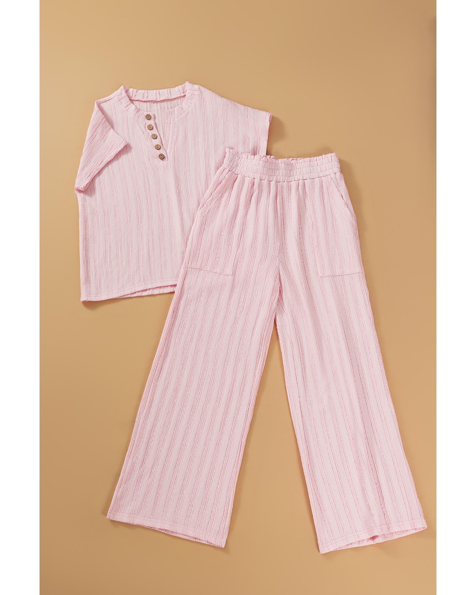 Light Pink Textured Short Sleeve Henley Top and Pocketed Wide Leg Pants - M 6