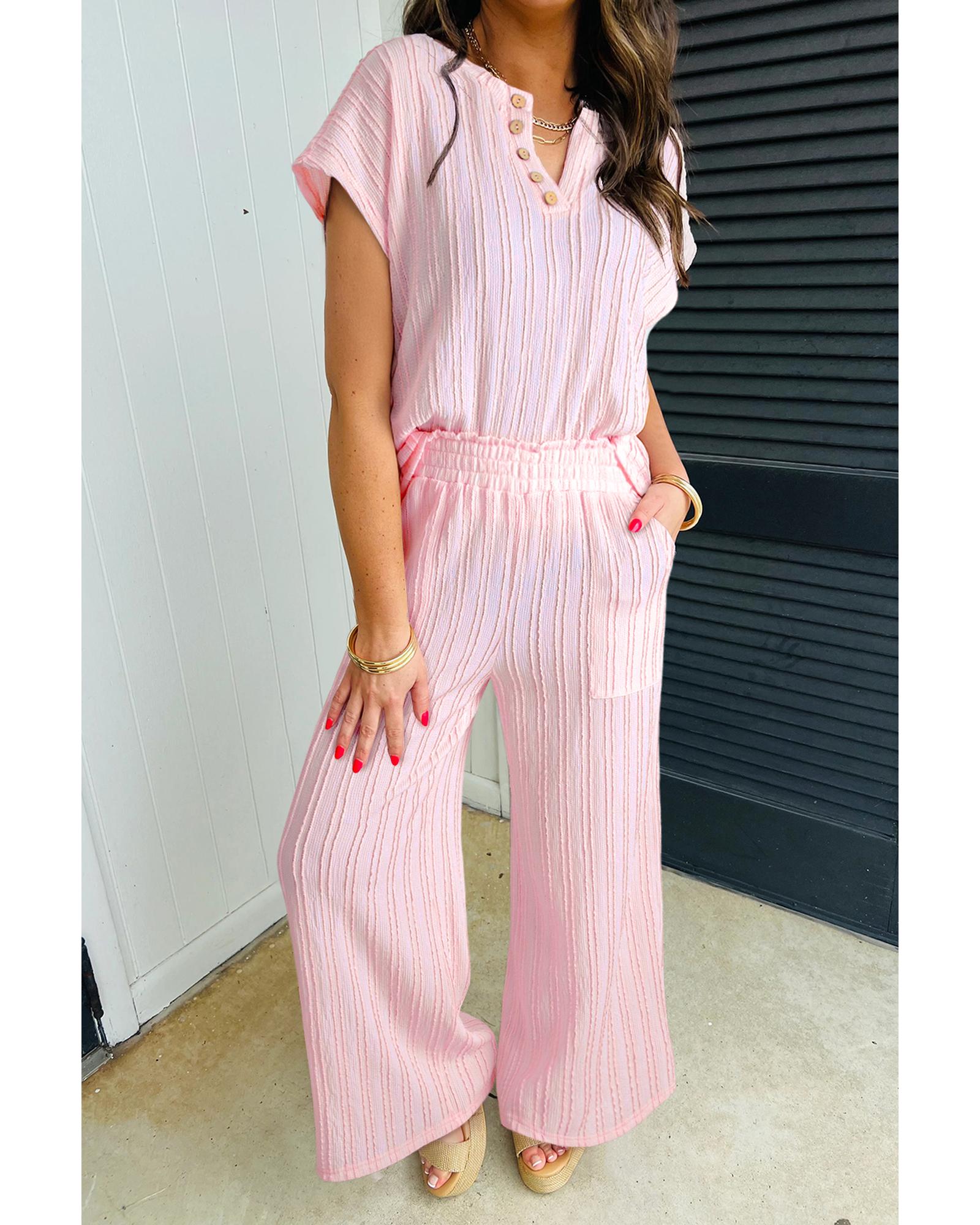 Light Pink Textured Short Sleeve Henley Top and Pocketed Wide Leg Pants - S