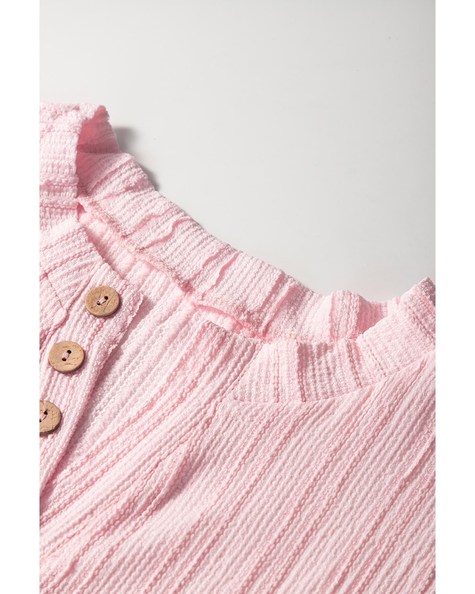 Light Pink Textured Short Sleeve Henley Top and Pocketed Wide Leg Pants - S 3