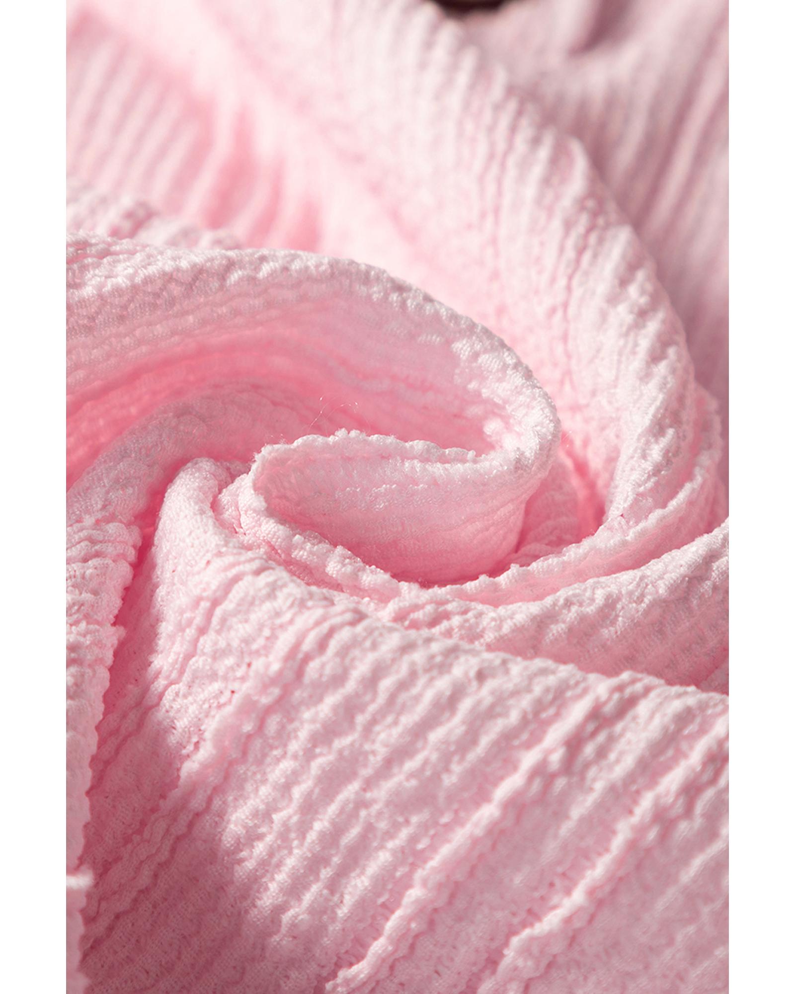 Light Pink Textured Short Sleeve Henley Top and Pocketed Wide Leg Pants - S 6