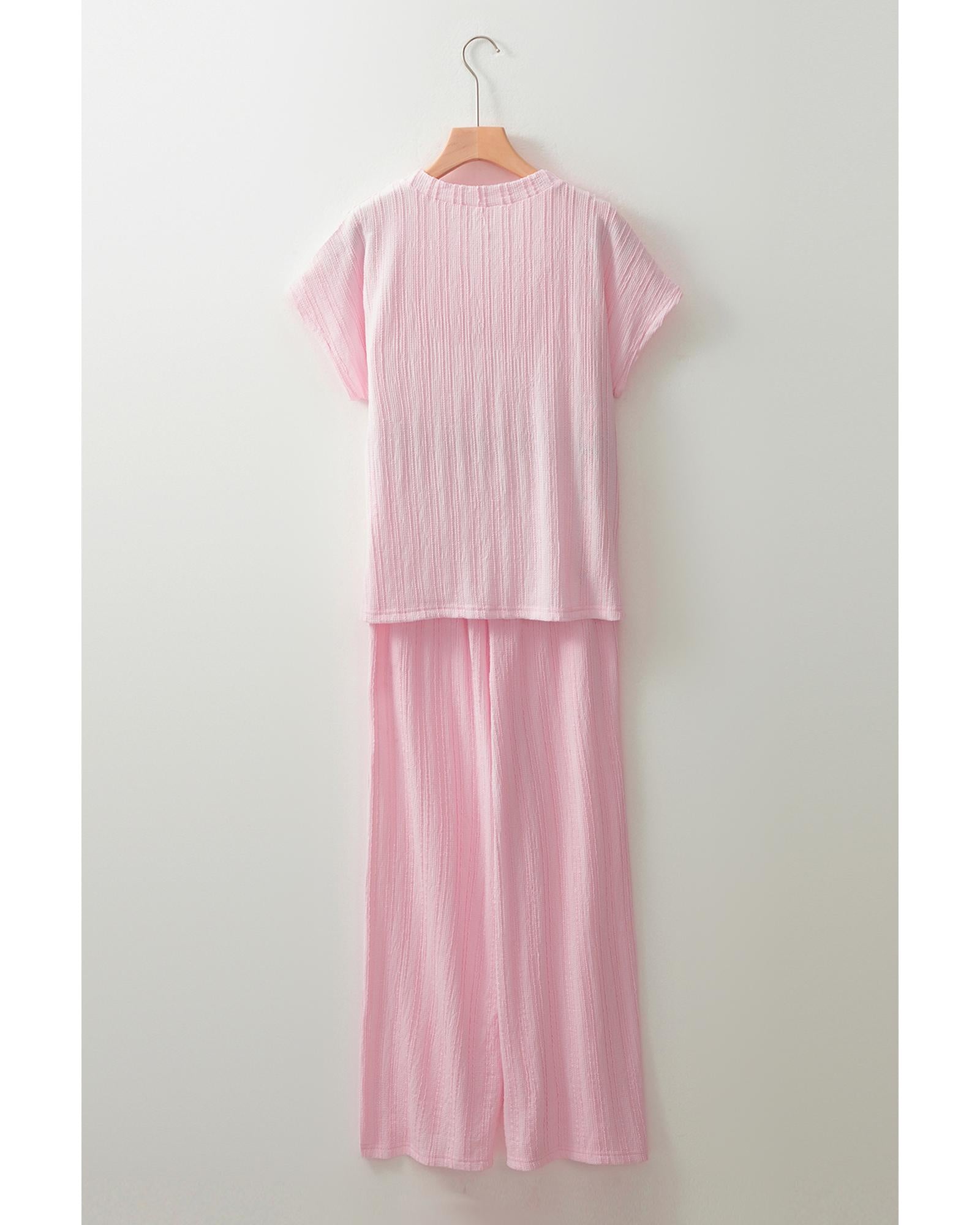 Light Pink Textured Short Sleeve Henley Top and Pocketed Wide Leg Pants - XL 8