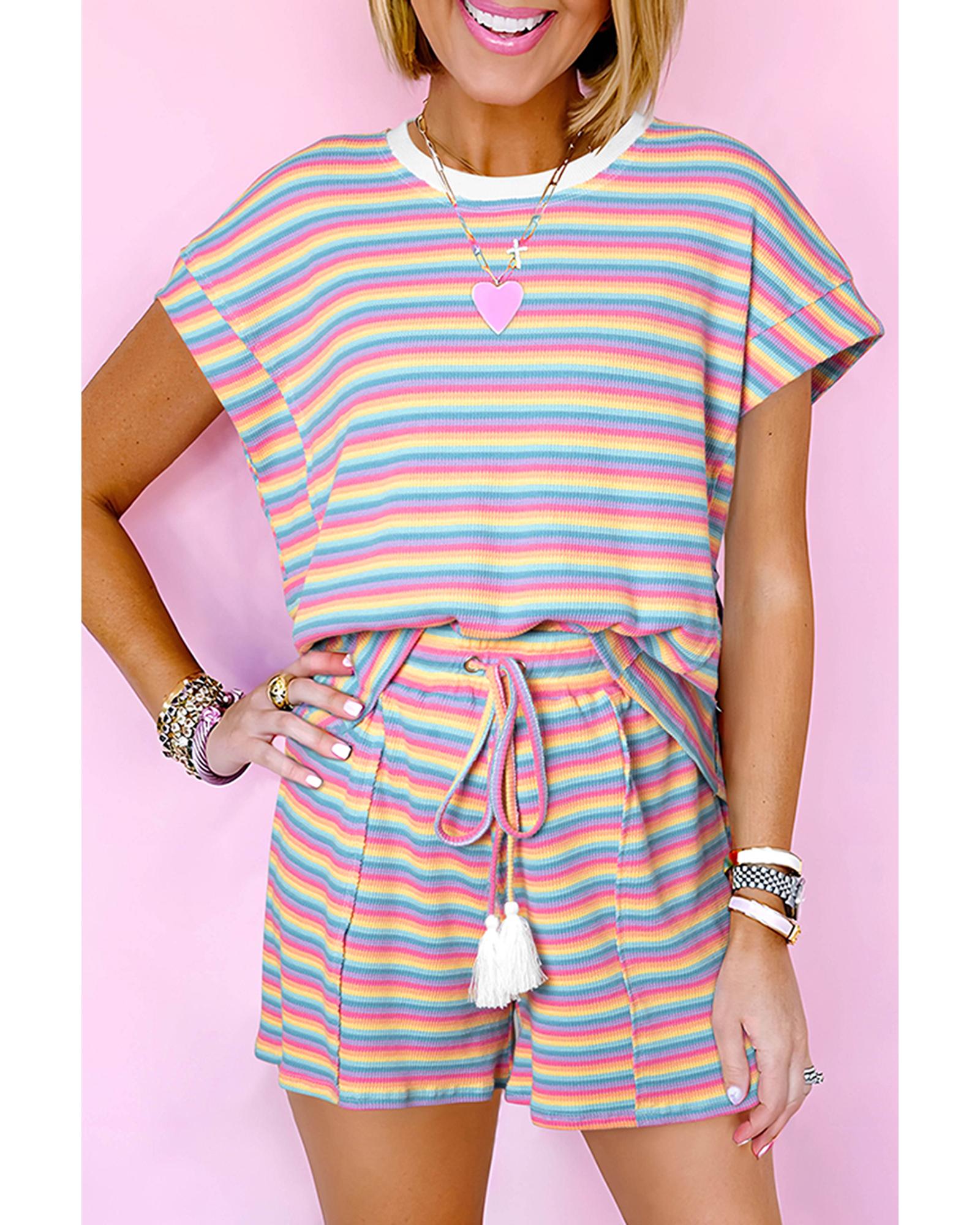 Pink Stripe Crew Neck Tee and Tasseled Drawstring Shorts Set - L