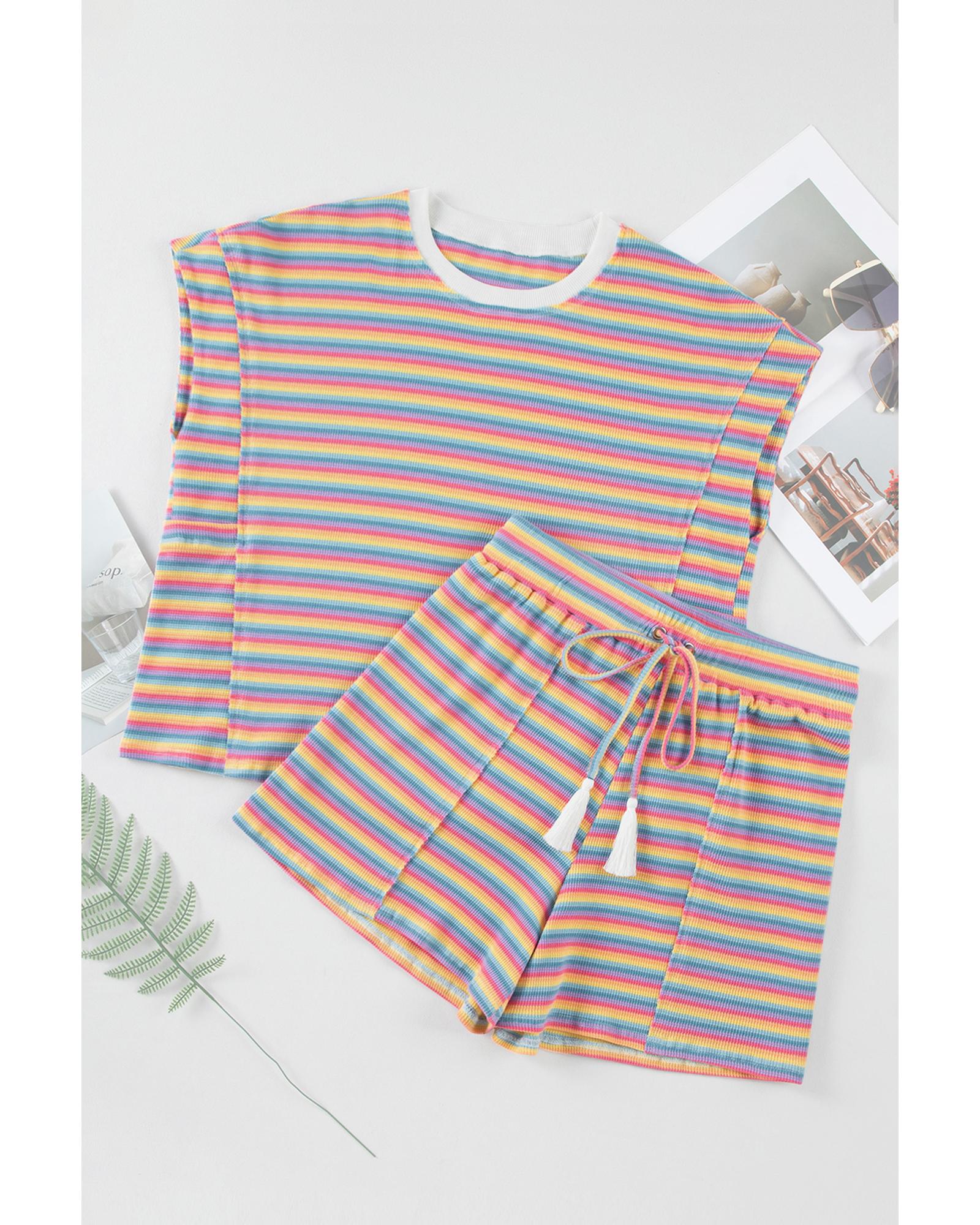 Pink Stripe Crew Neck Tee and Tasseled Drawstring Shorts Set - L 4