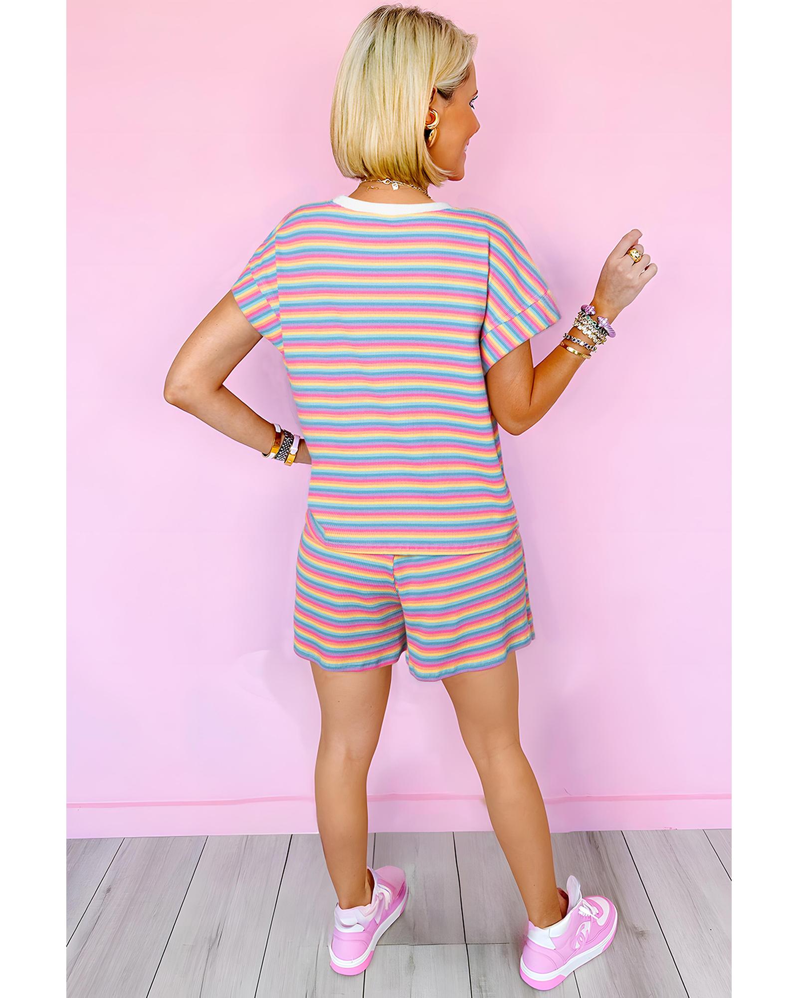 Pink Stripe Crew Neck Tee and Tasseled Drawstring Shorts Set - L 6