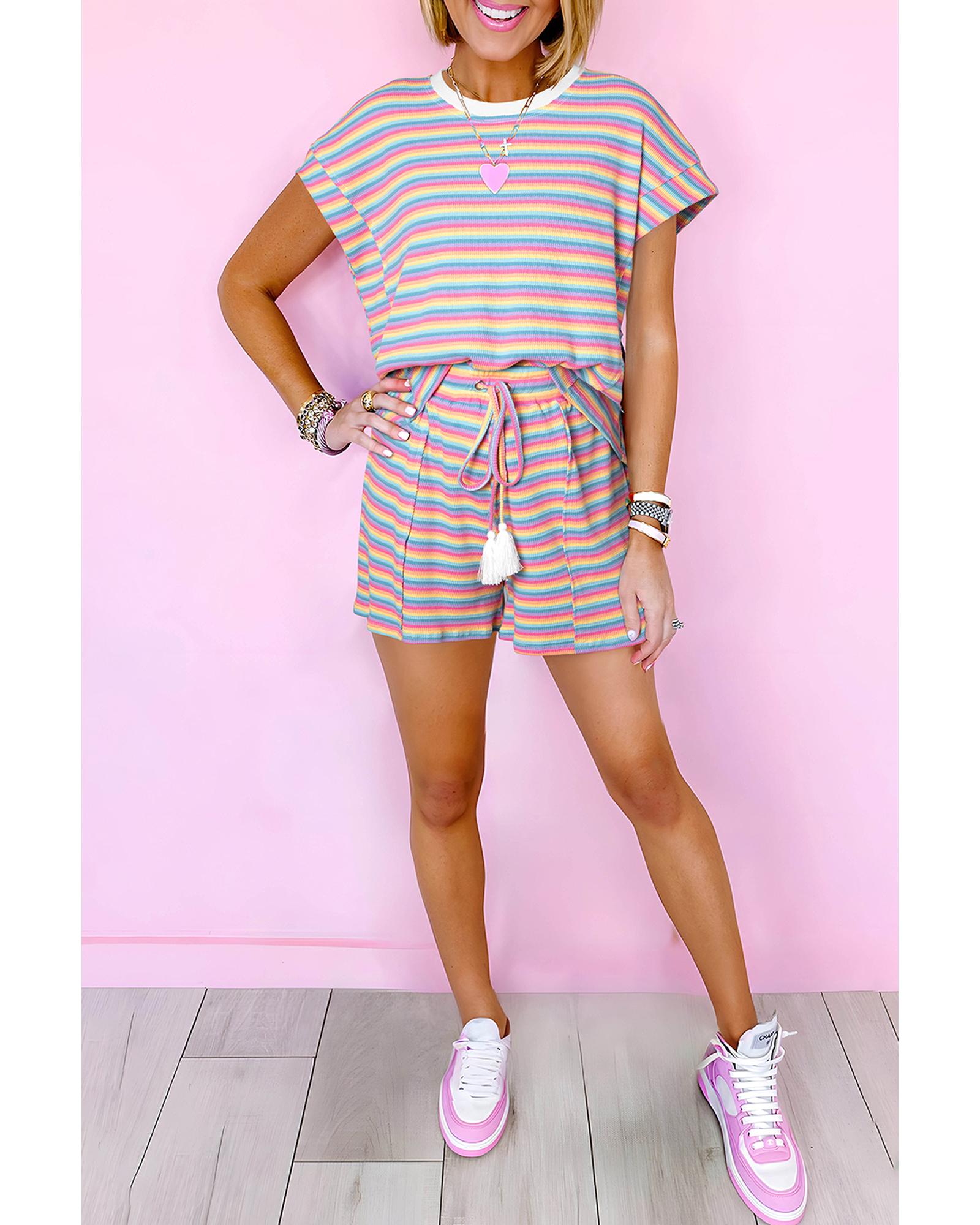 Pink Stripe Crew Neck Tee and Tasseled Drawstring Shorts Set - M
