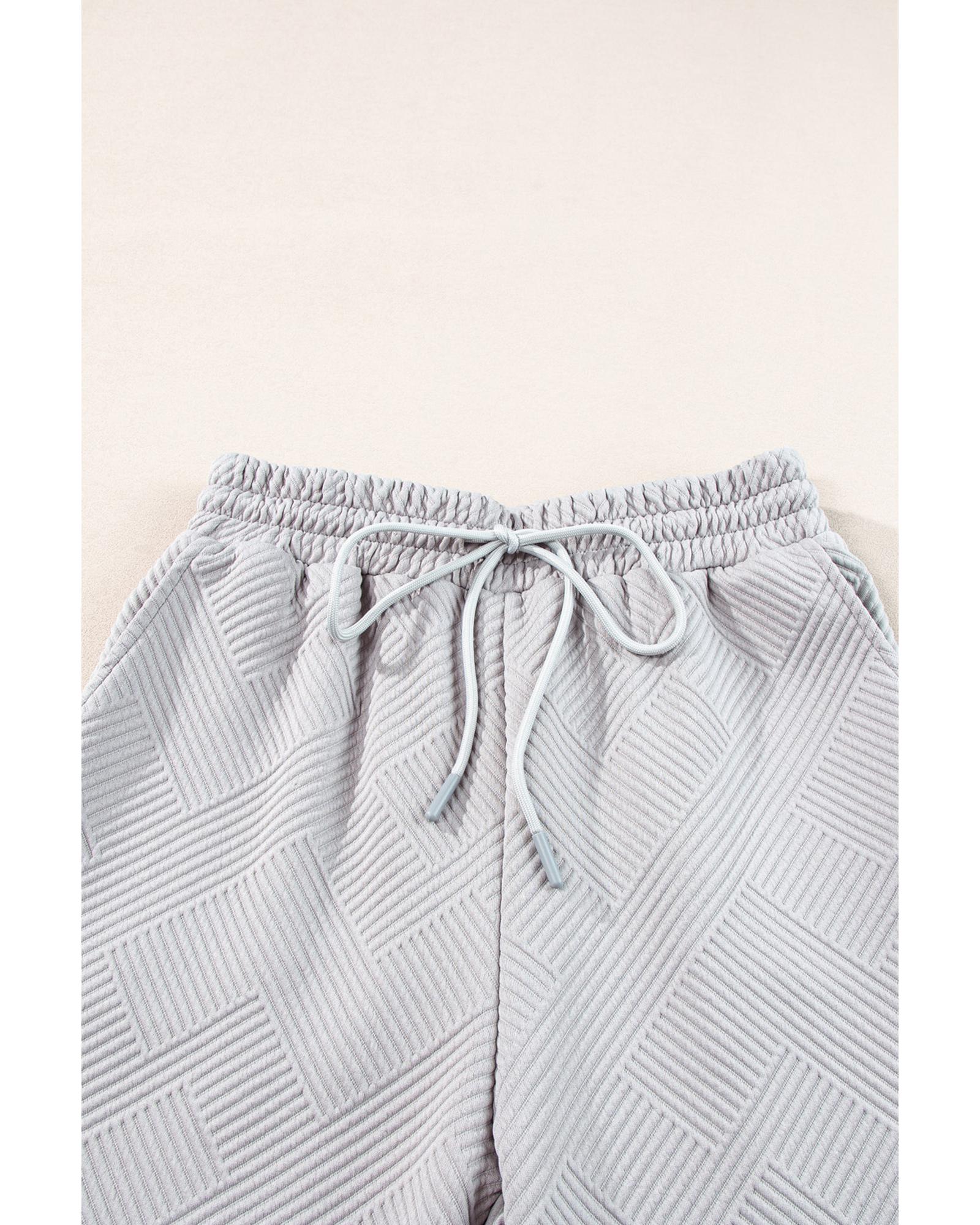 Light Grey Solid Textured Collared V Neck Top and Wide Leg Pants Set - M 3