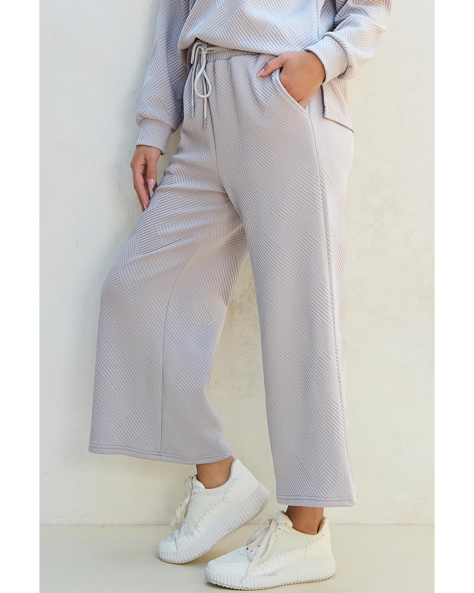 Light Grey Solid Textured Collared V Neck Top and Wide Leg Pants Set - M 6