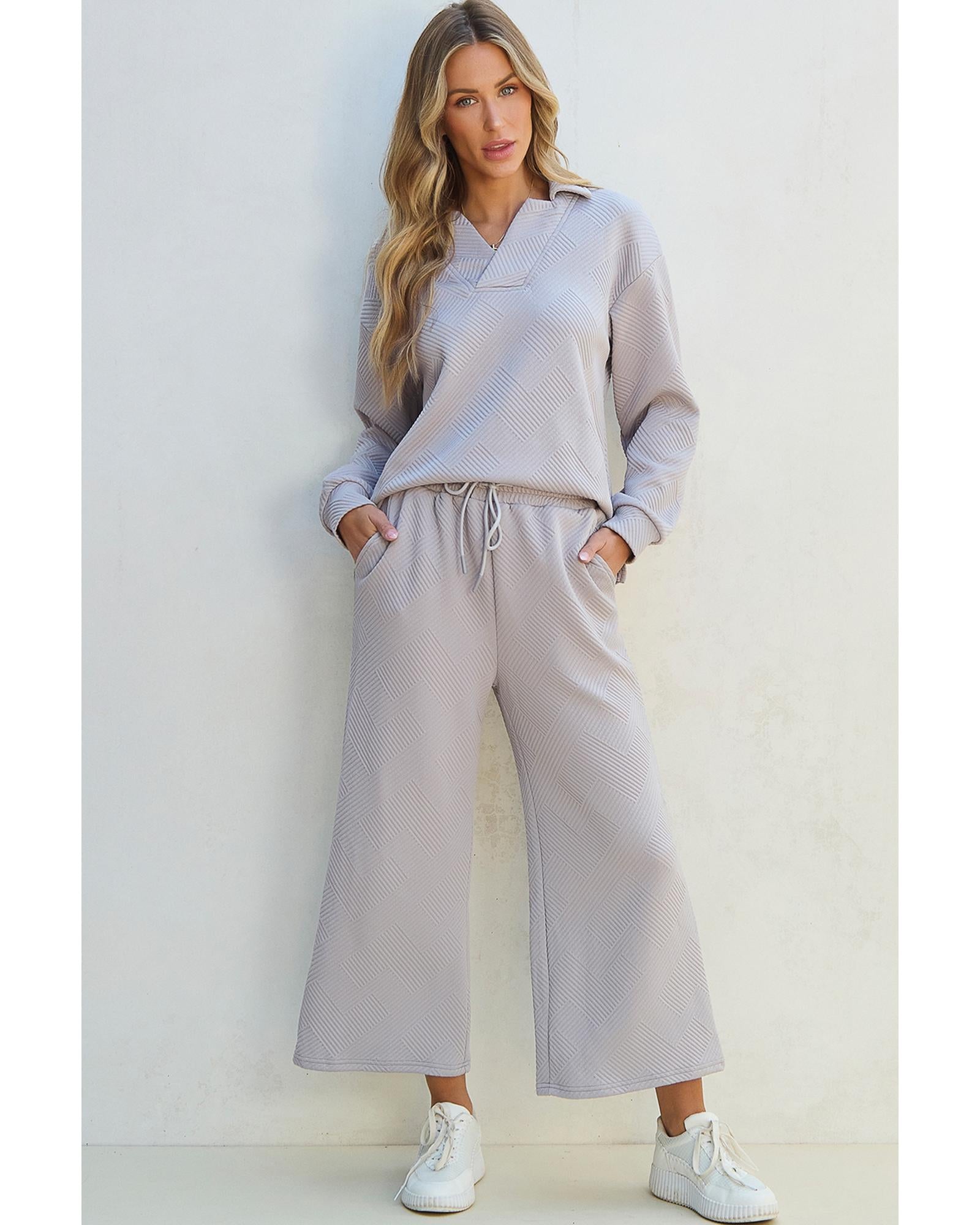 Light Grey Solid Textured Collared V Neck Top and Wide Leg Pants Set - M 8