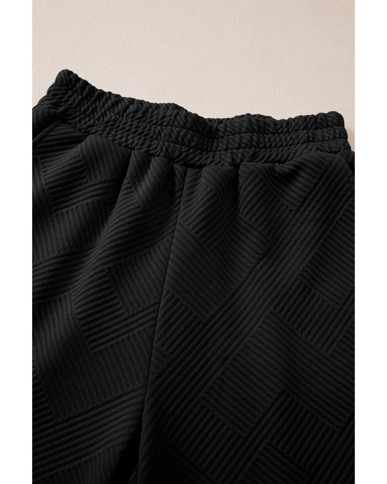 Black Solid Textured Collared V Neck Top and Wide Leg Pants Set - M