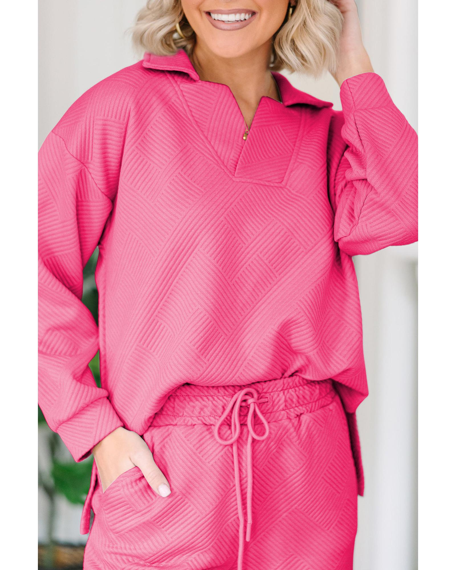 Bonbon Solid Textured Collared V Neck Top and Wide Leg Pants Set - XL