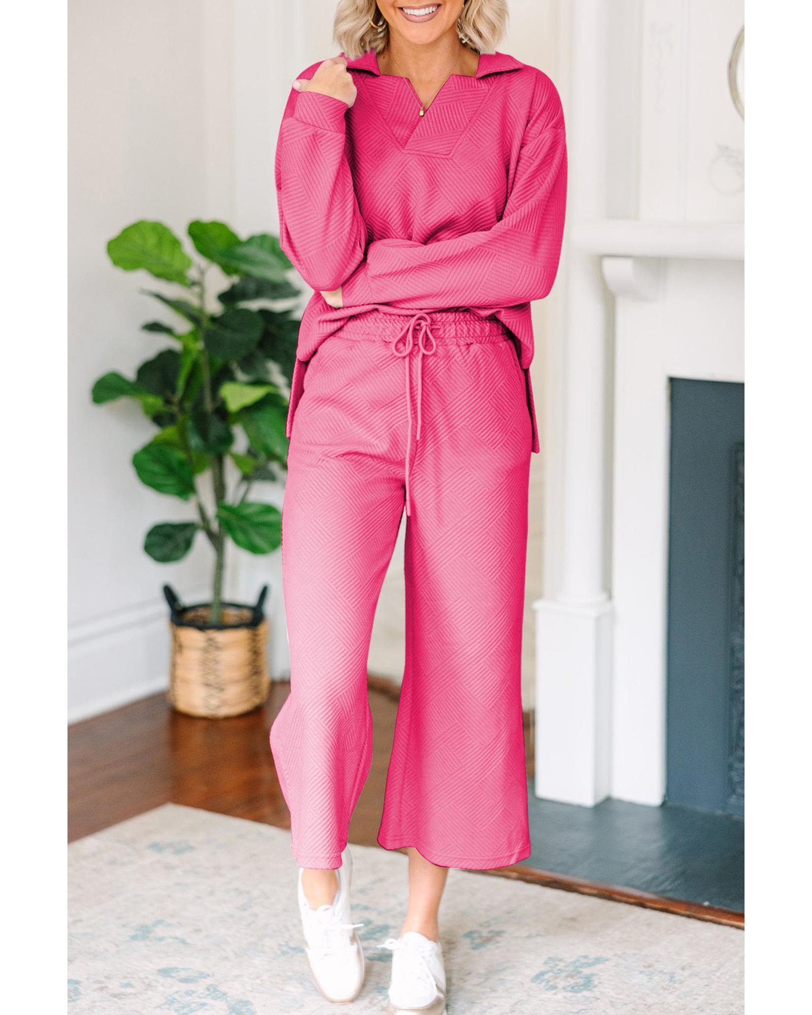 Bonbon Solid Textured Collared V Neck Top and Wide Leg Pants Set - XL 5