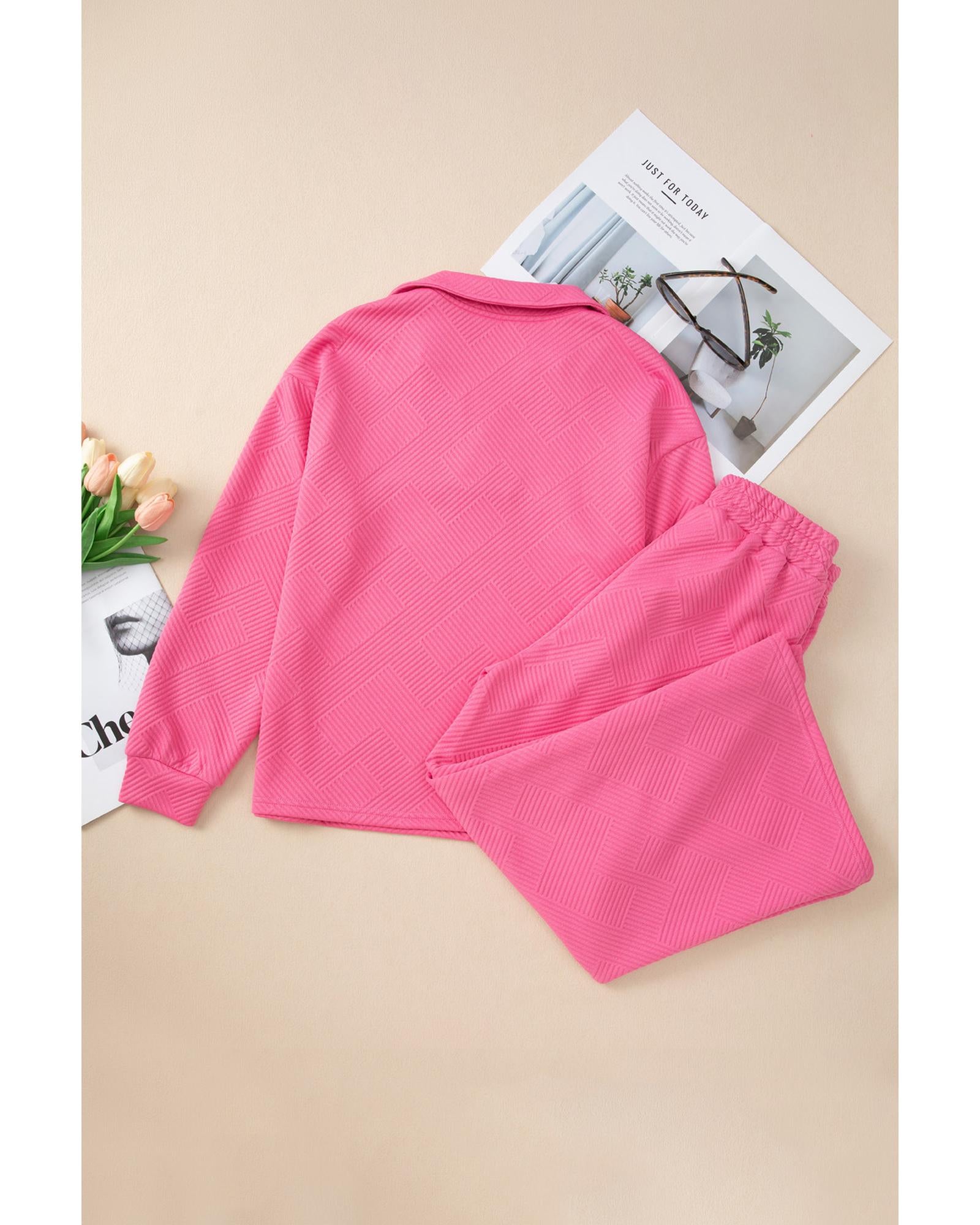 Bonbon Solid Textured Collared V Neck Top and Wide Leg Pants Set - XL 7