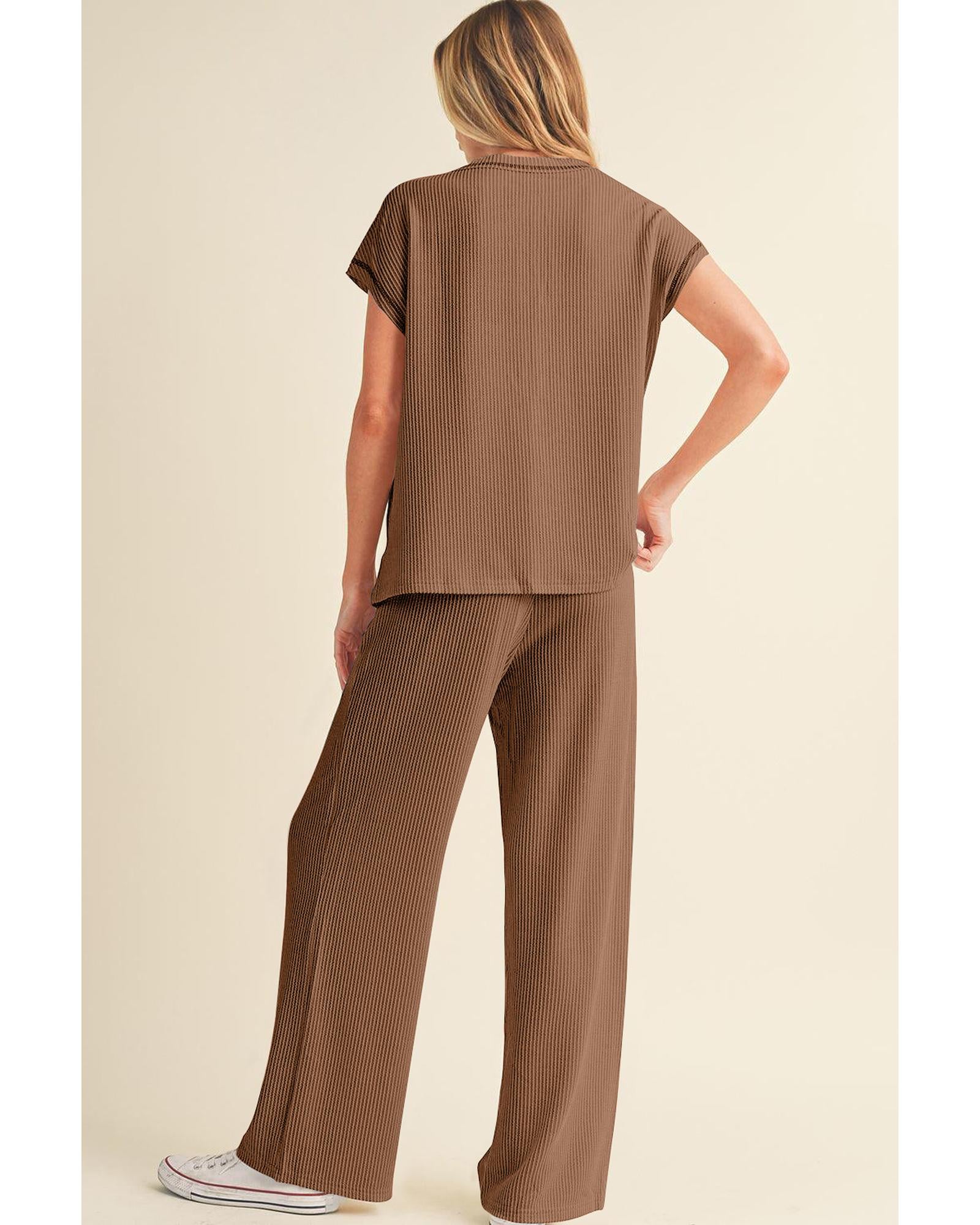 Coffee Solid Color Corded Short Sleeve Top and Casual Pants Set - M