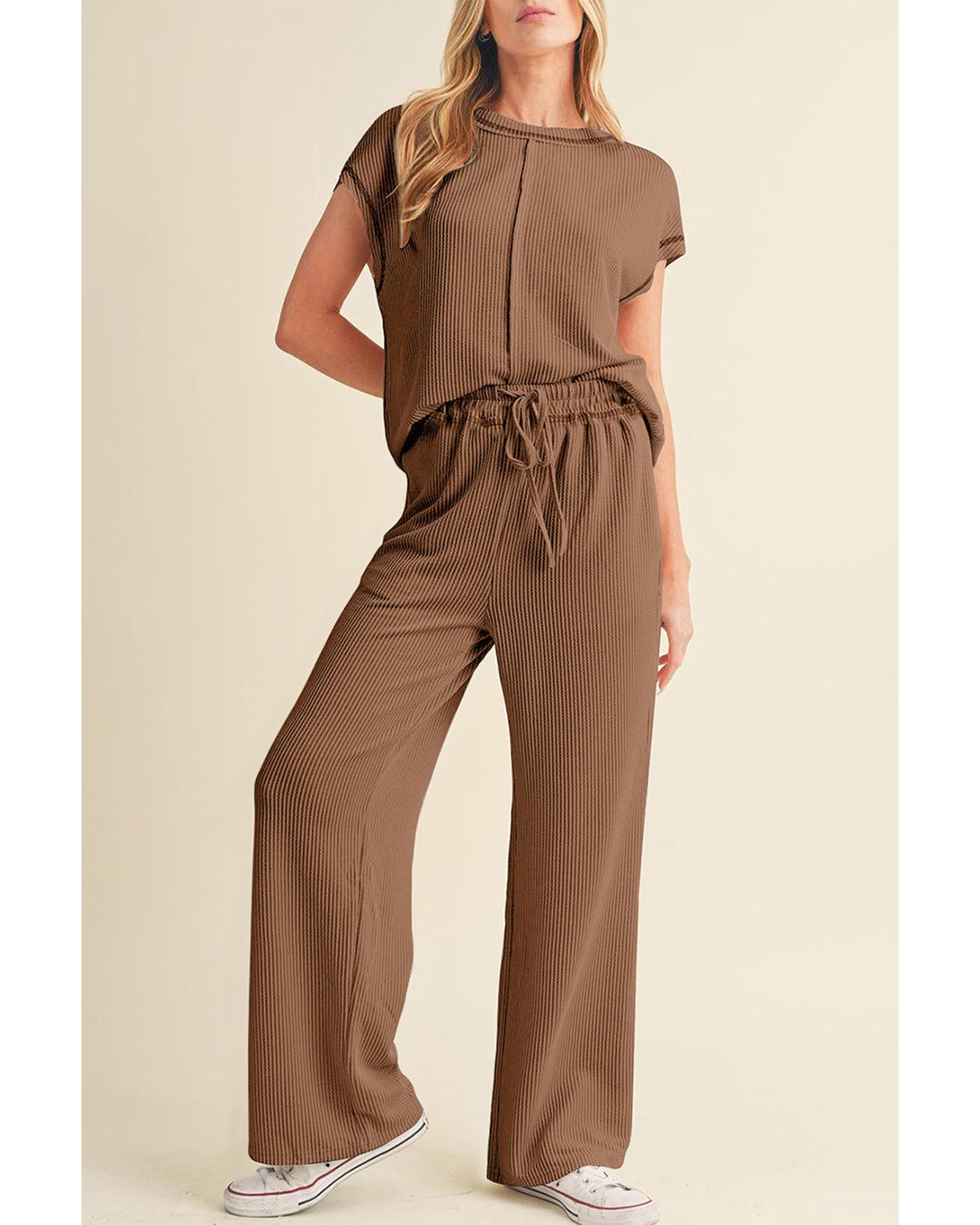 Coffee Solid Color Corded Short Sleeve Top and Casual Pants Set - S