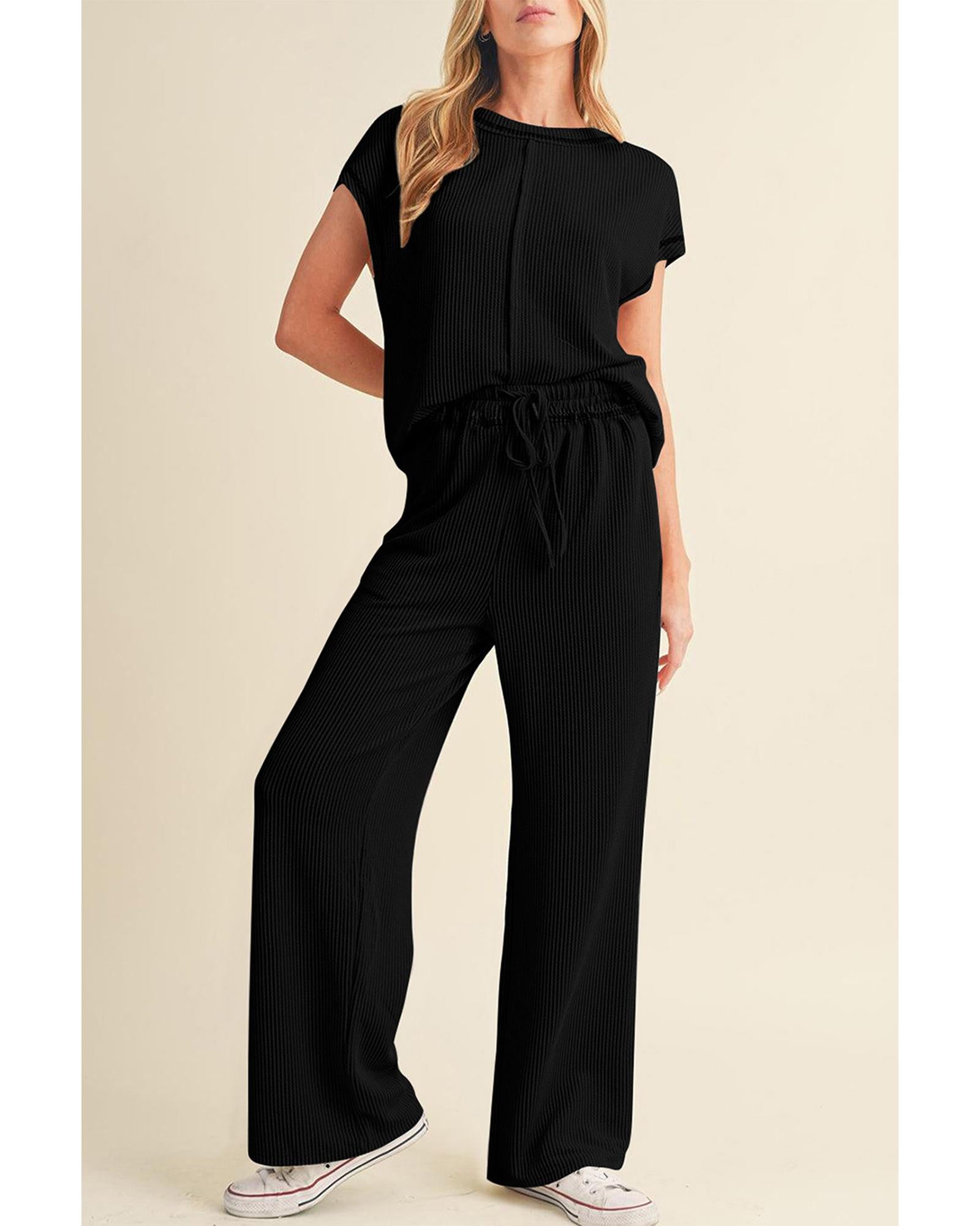 Black Solid Color Corded Short Sleeve Top and Casual Pants Set - L