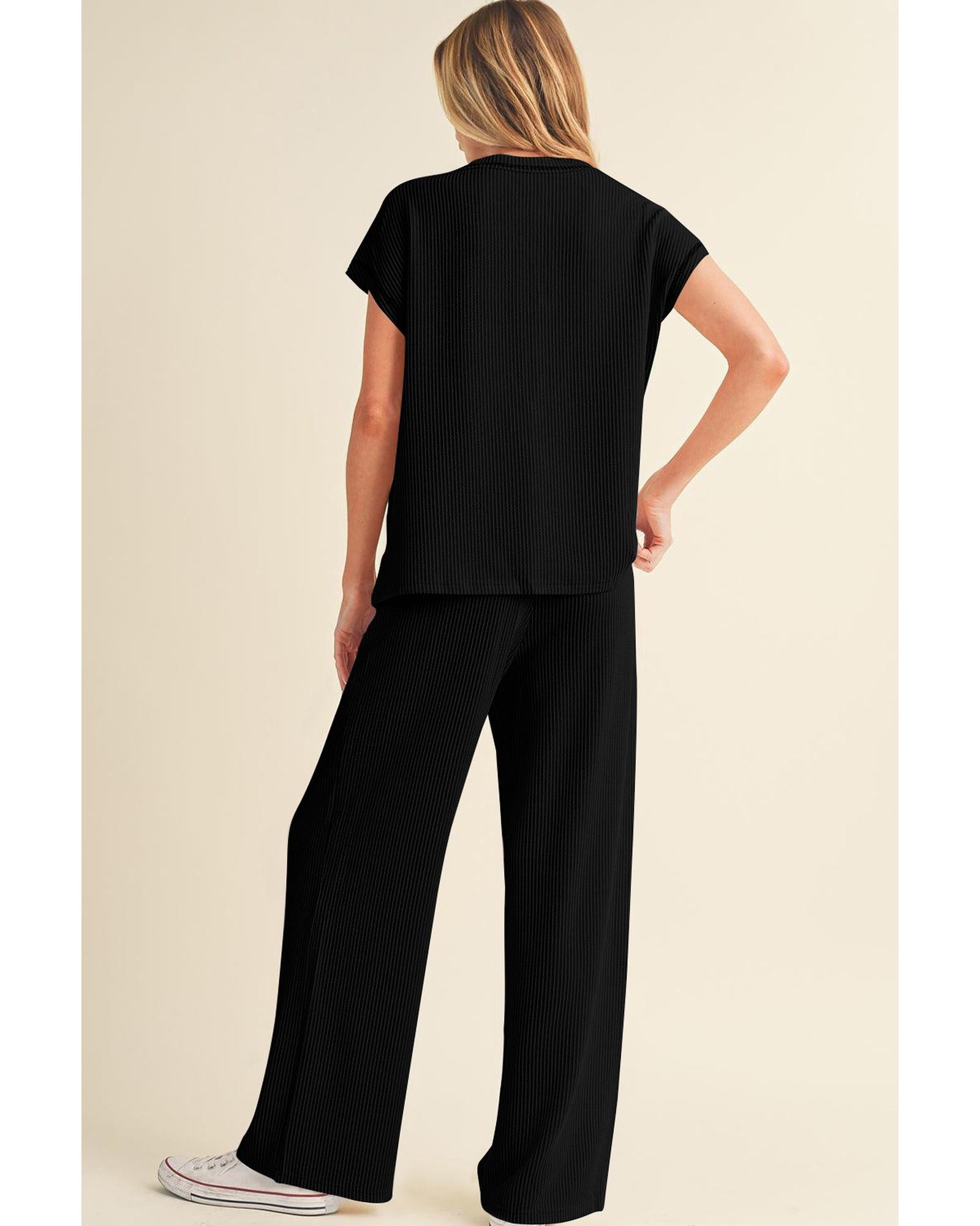 Black Solid Color Corded Short Sleeve Top and Casual Pants Set - XL