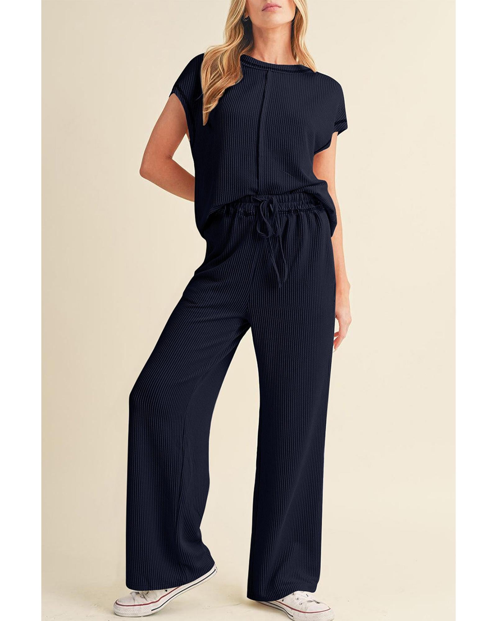 Navy Blue Solid Color Corded Short Sleeve Top and Casual Pants Set - 2XL