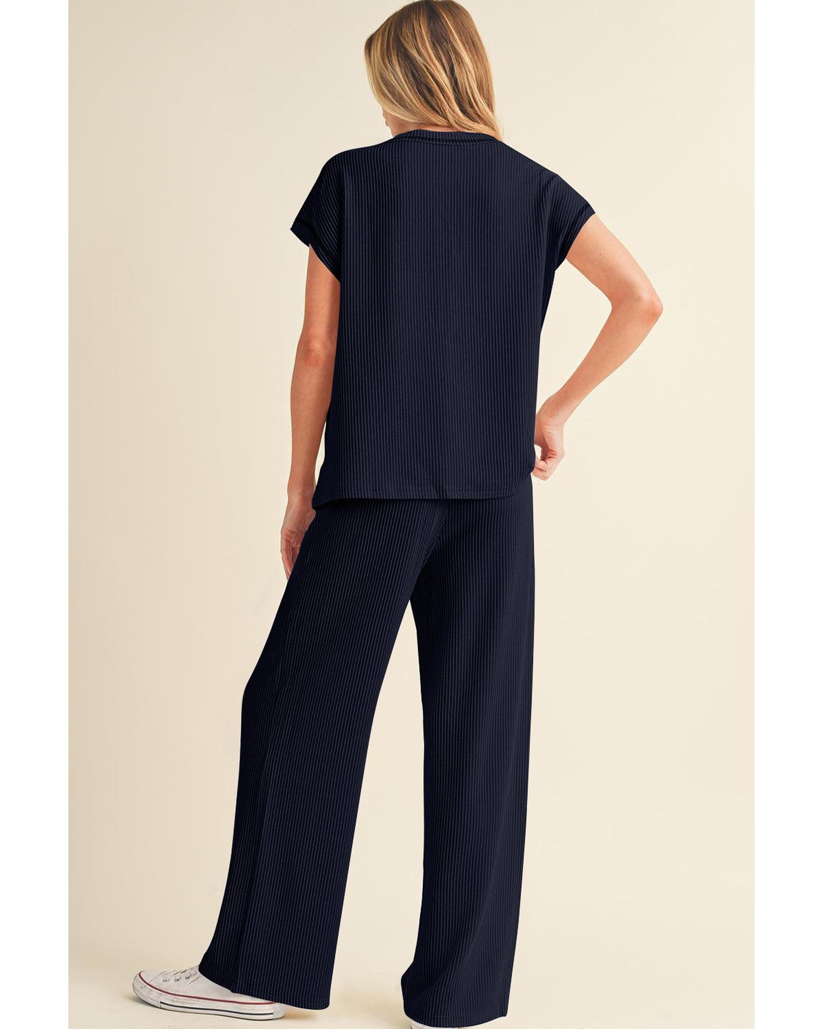 Navy Blue Solid Color Corded Short Sleeve Top and Casual Pants Set - XL