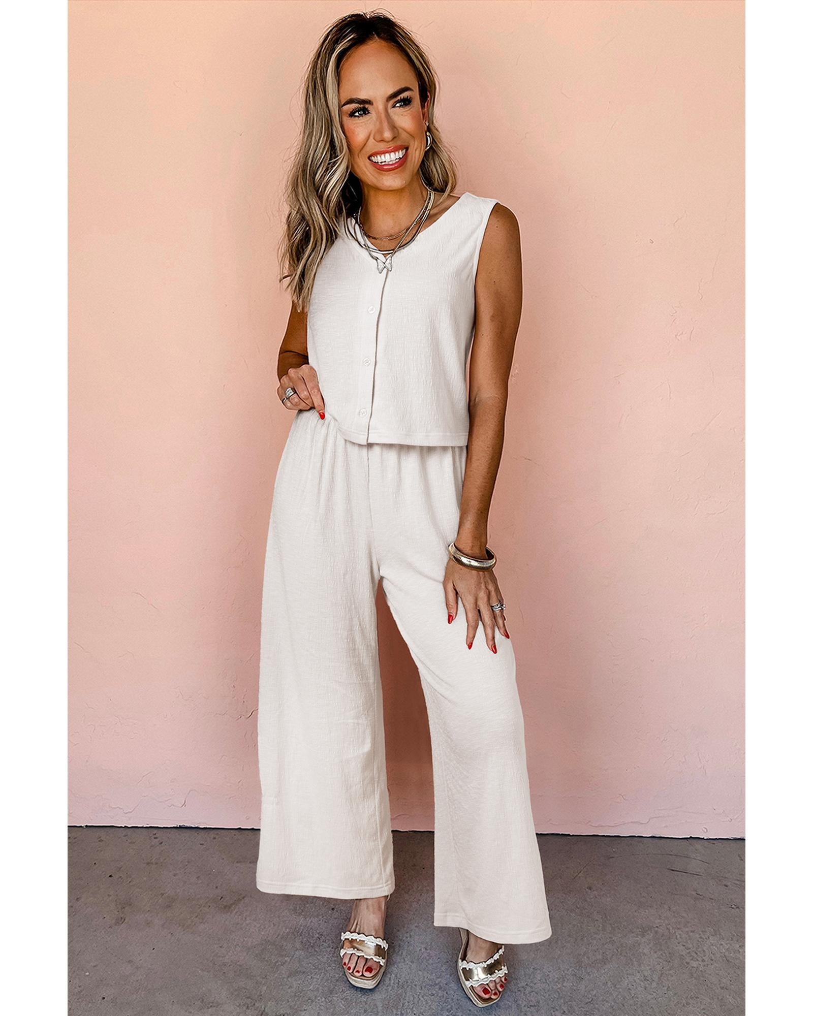 Apricot Buttoned V Neck Tank Top and Wide Leg Pants Casual Outfit - XL 4