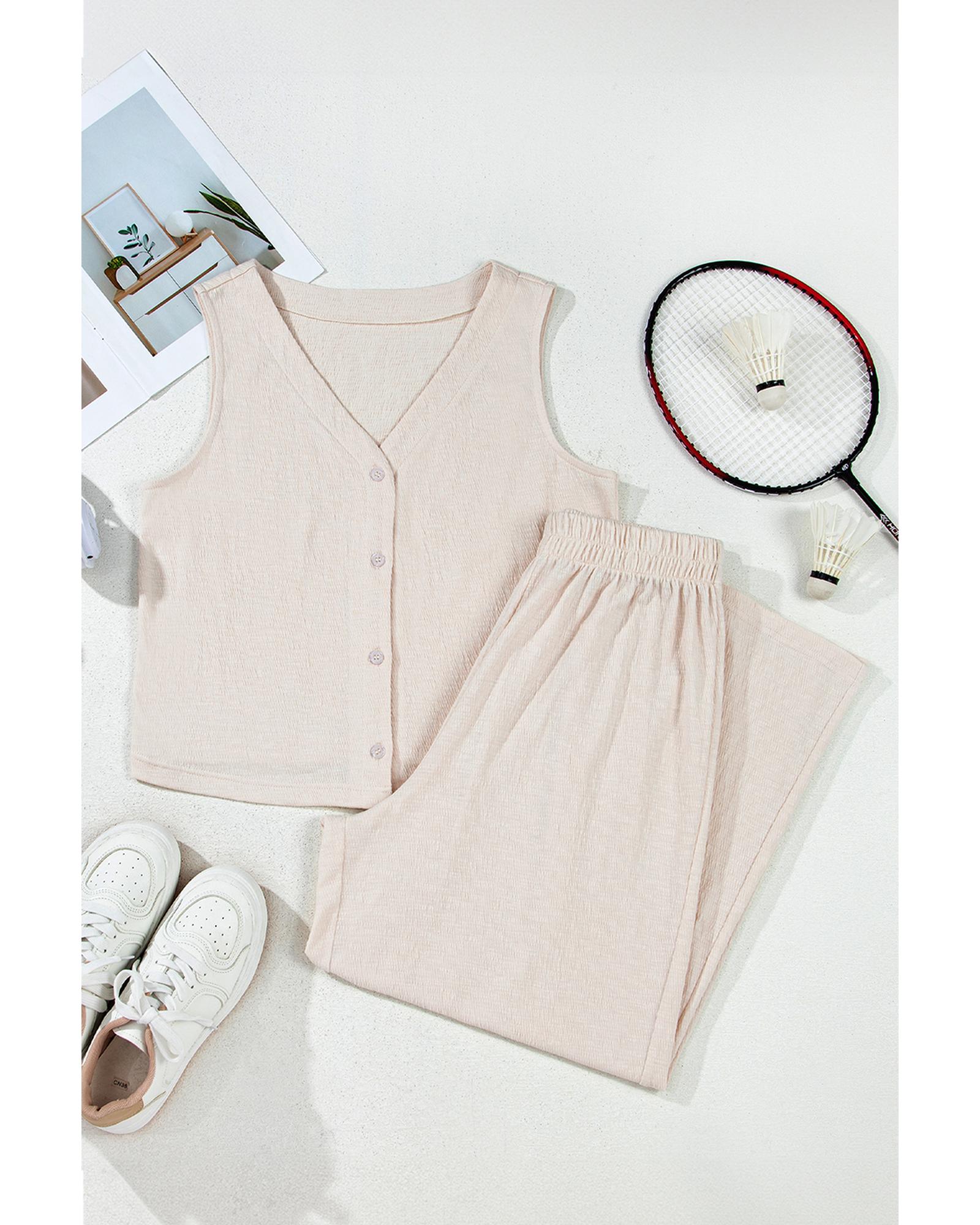 Apricot Buttoned V Neck Tank Top and Wide Leg Pants Casual Outfit - XL 5