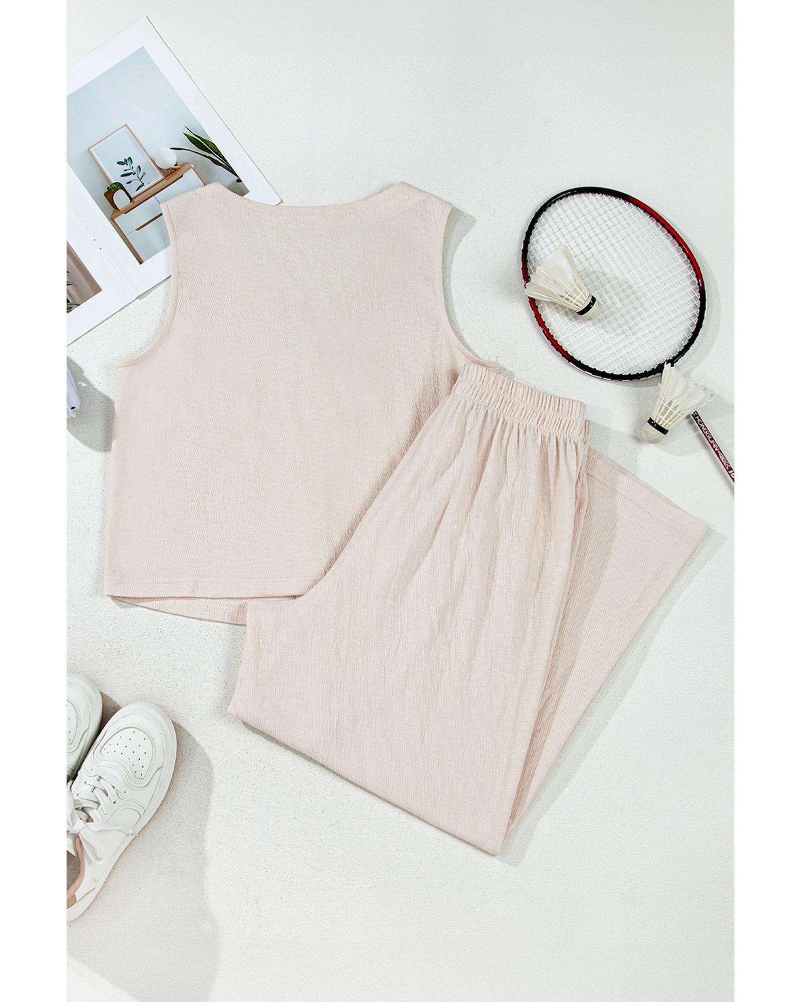 Apricot Buttoned V Neck Tank Top and Wide Leg Pants Casual Outfit - XL 6