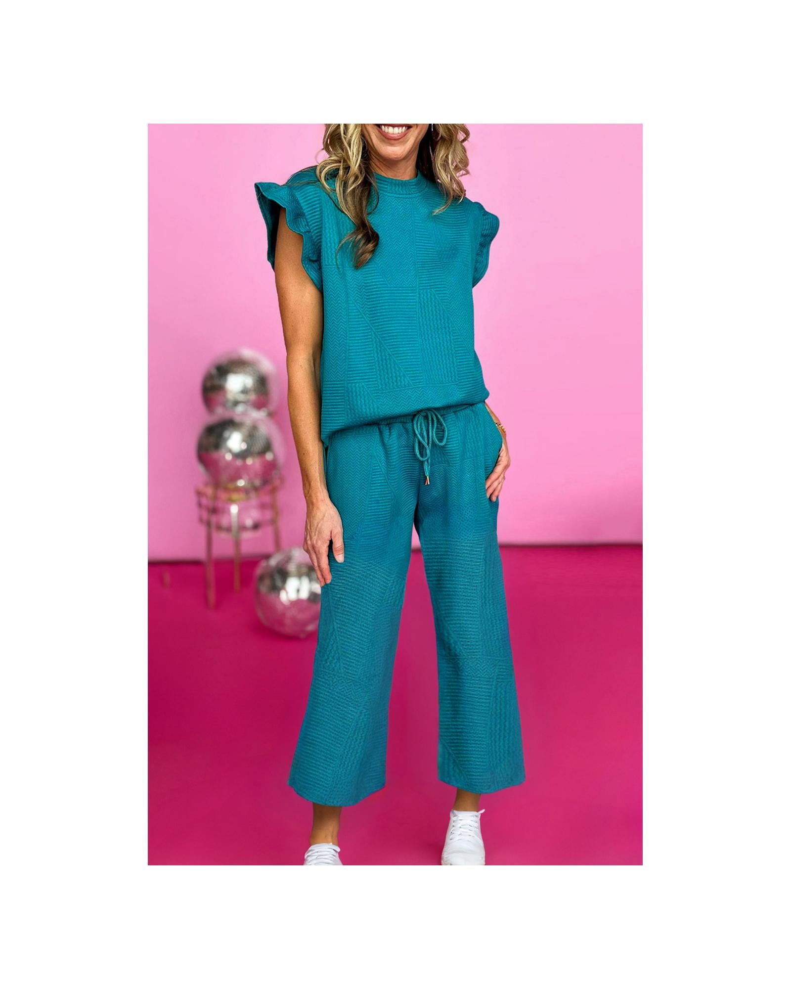 Skobeloff Ruffled Sleeve Summer Top and Cropped Loose Pants Set - XL