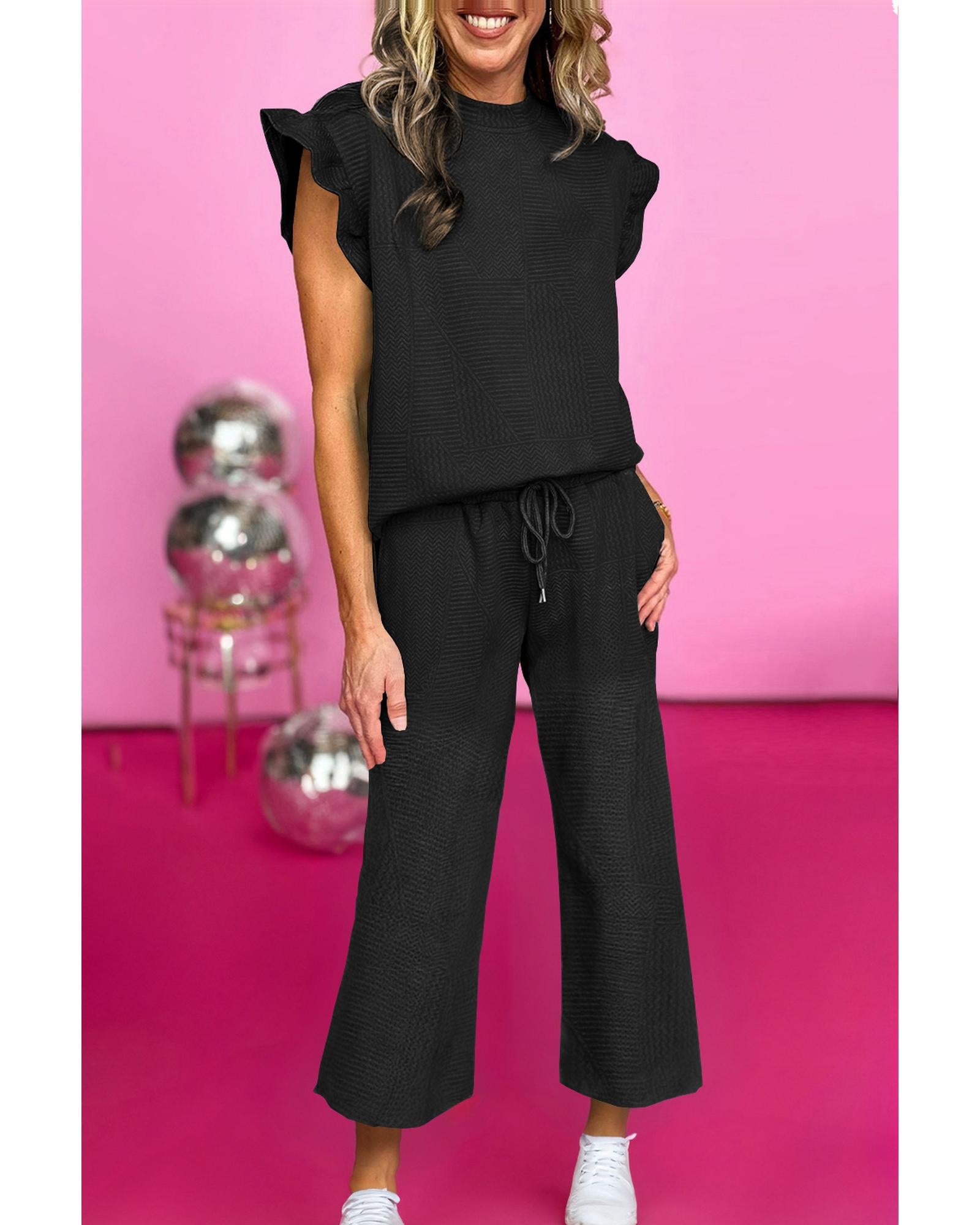 Black Ruffled Sleeve Summer Top and Cropped Loose Pants Set - S