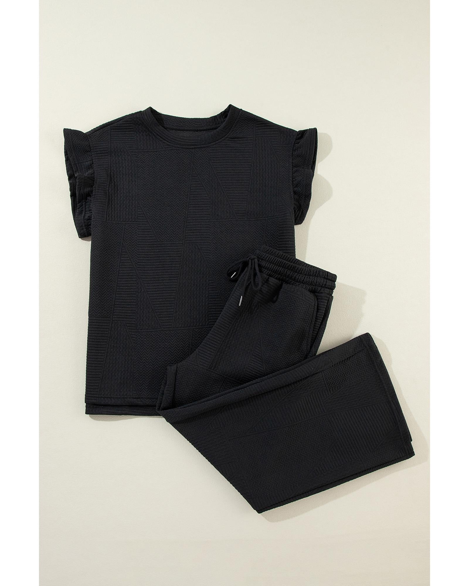 Black Ruffled Sleeve Summer Top and Cropped Loose Pants Set - S 3