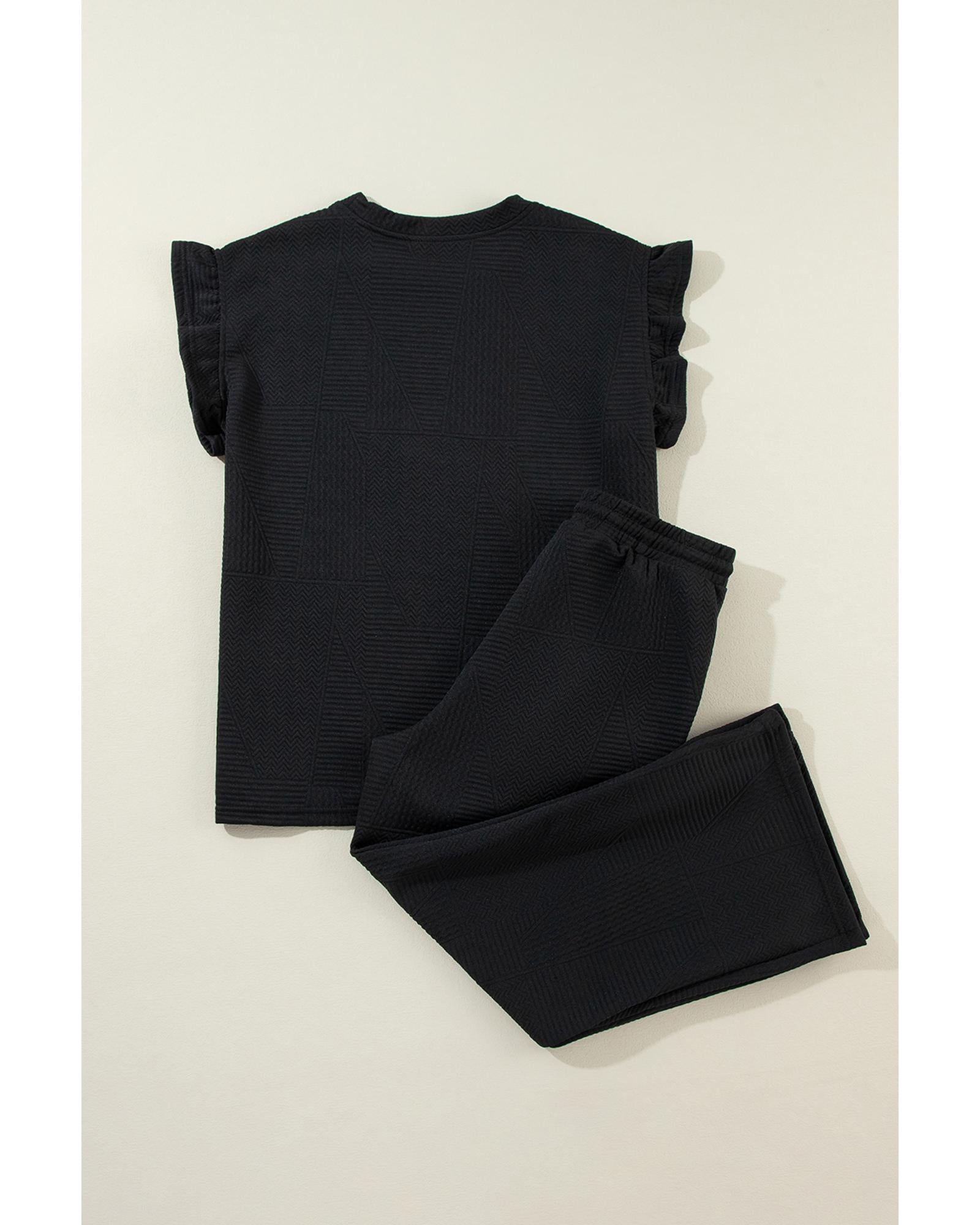 Black Ruffled Sleeve Summer Top and Cropped Loose Pants Set - S 4