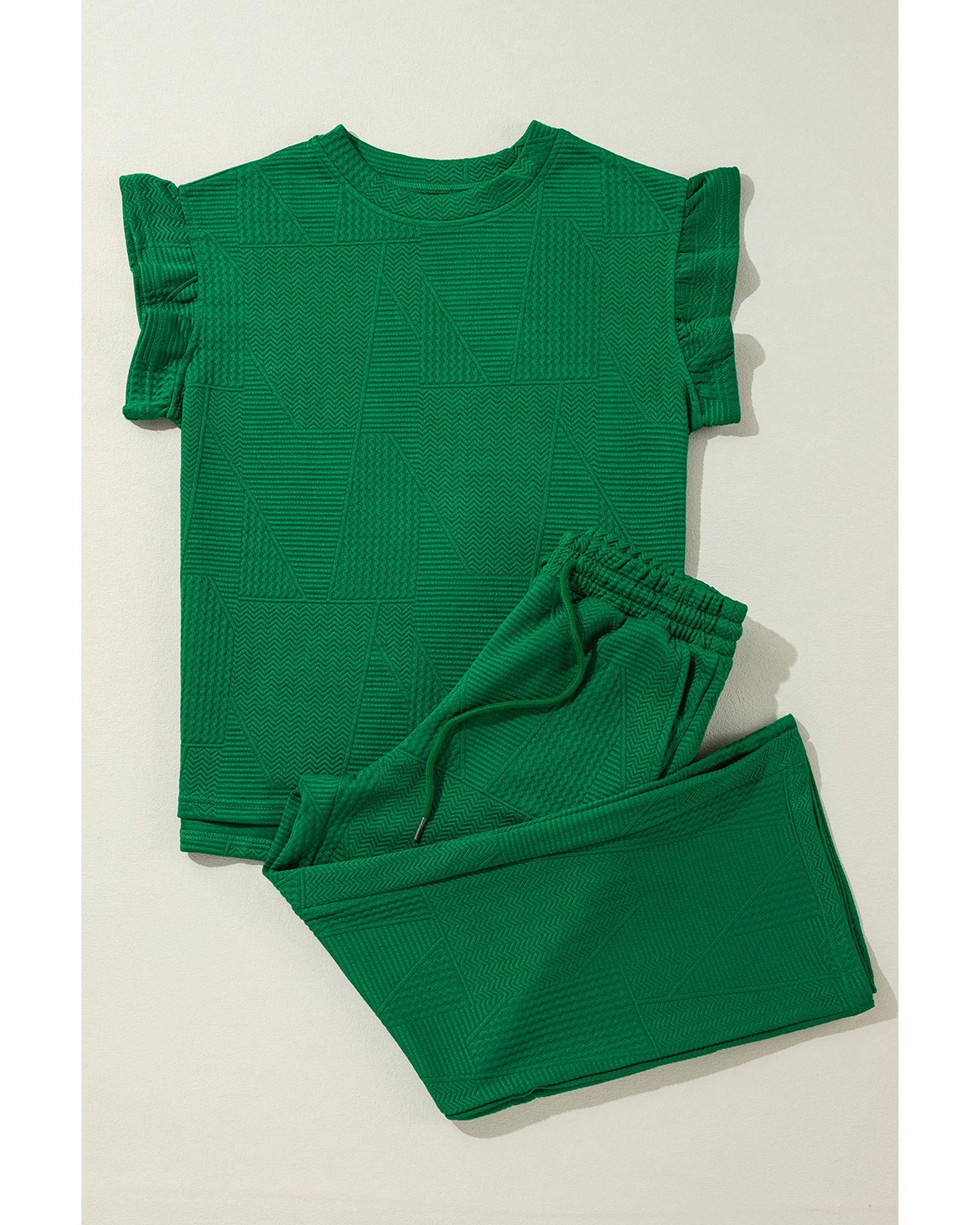 Dark Green Ruffled Sleeve Summer Top and Cropped Loose Pants Set - L 3