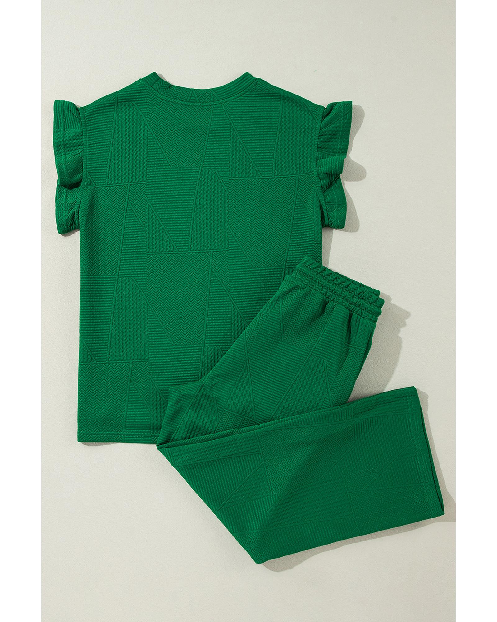 Dark Green Ruffled Sleeve Summer Top and Cropped Loose Pants Set - L 4