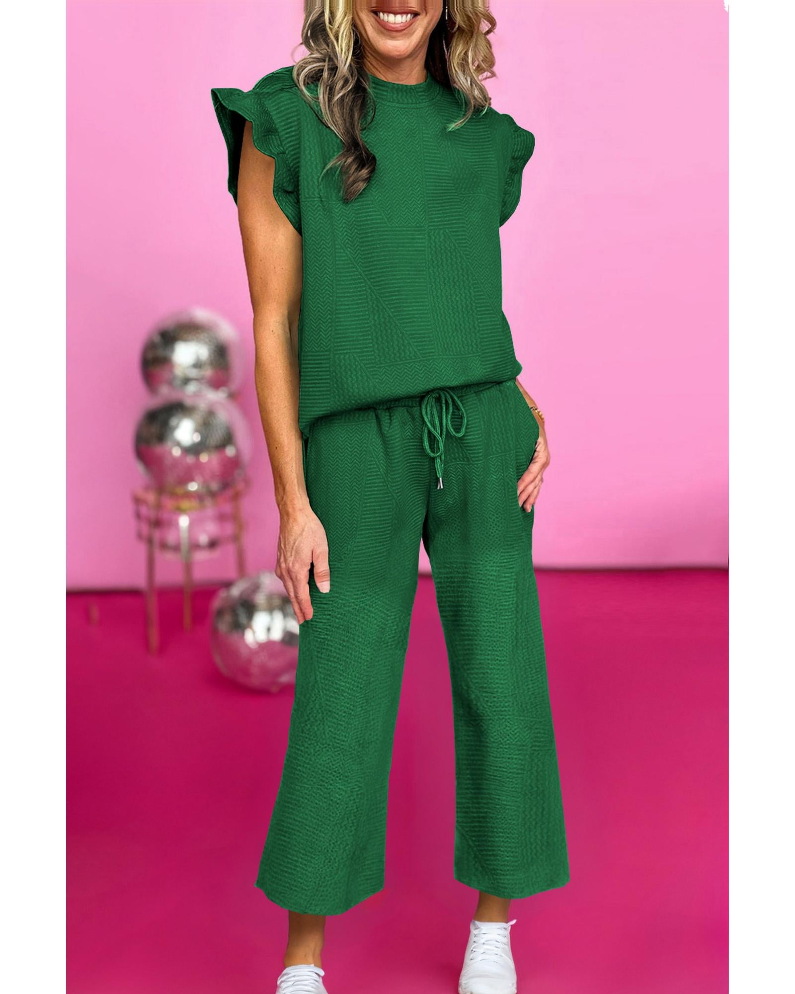 Dark Green Ruffled Sleeve Summer Top and Cropped Loose Pants Set - XL