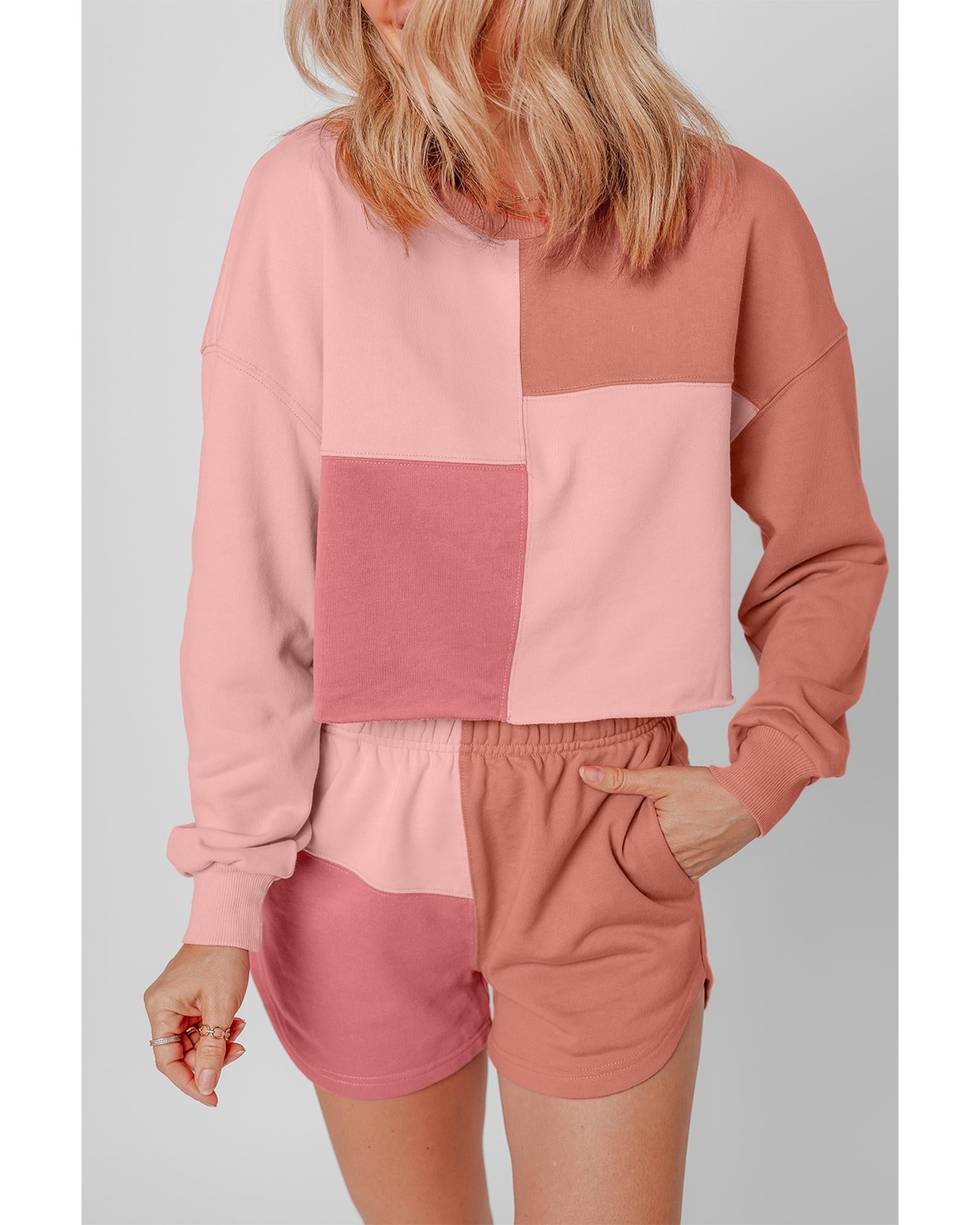Peach Blossom Colorblock Patchwork Long Sleeve Shorts Outfit - L 7