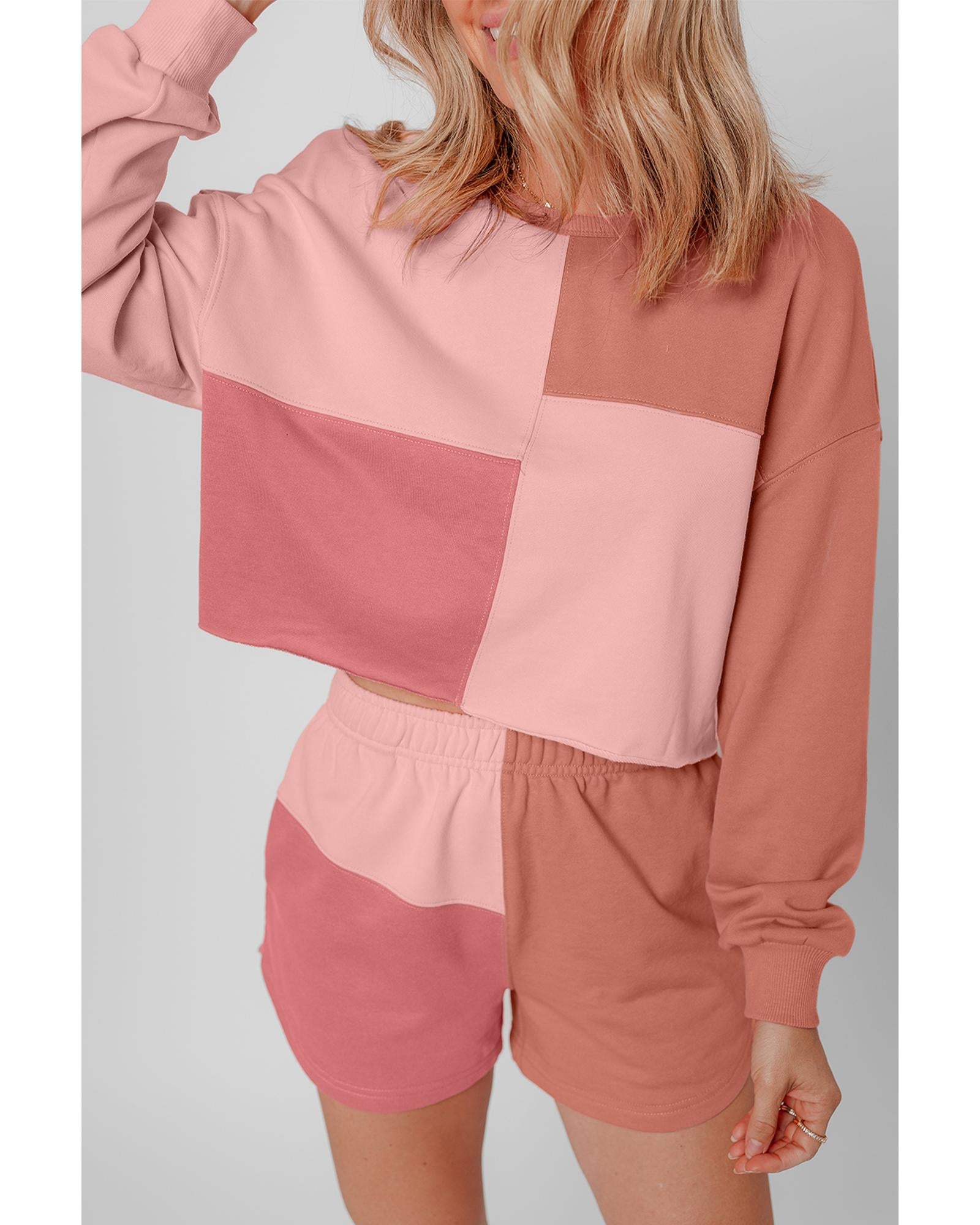 Peach Blossom Colorblock Patchwork Long Sleeve Shorts Outfit - M 3
