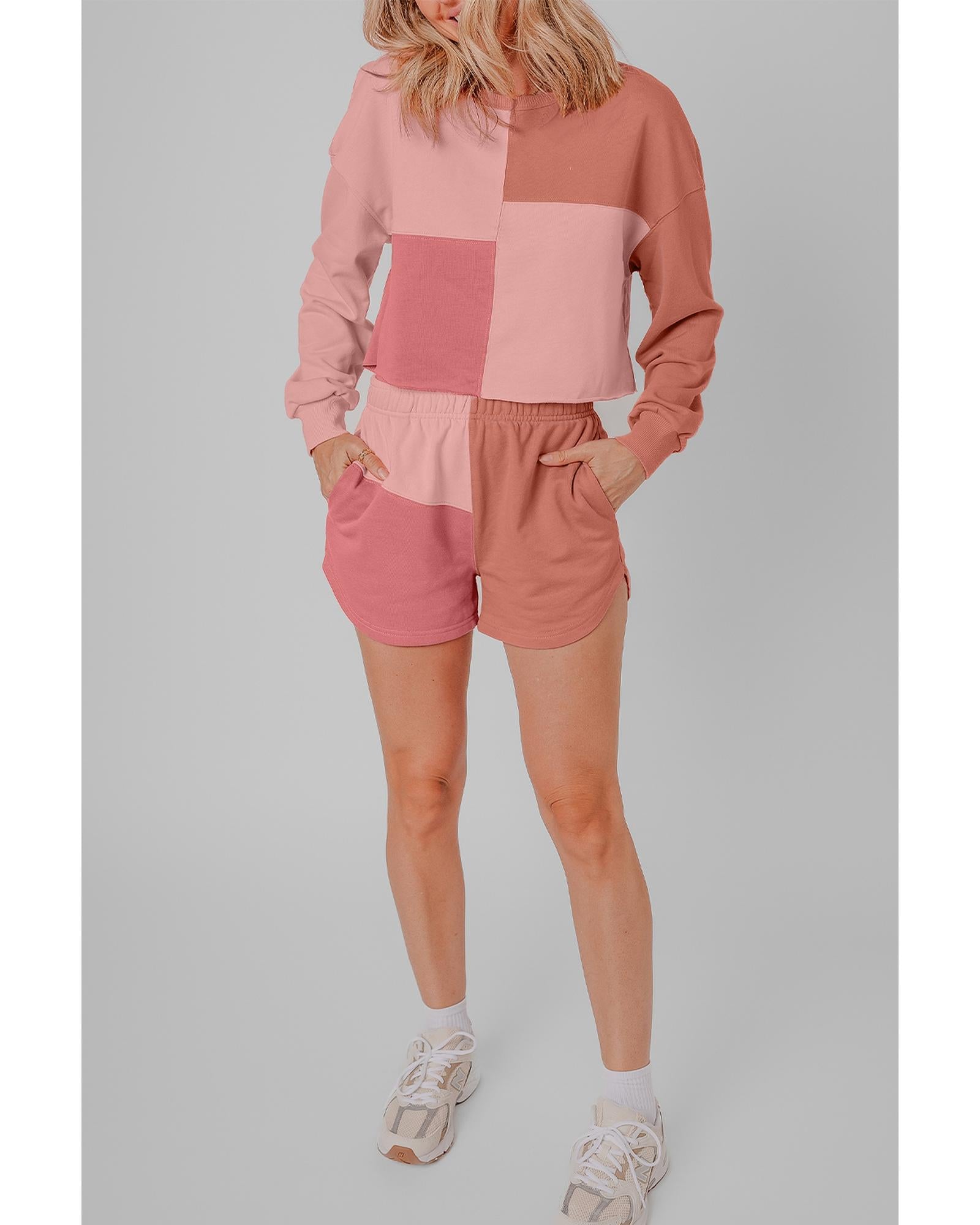 Peach Blossom Colorblock Patchwork Long Sleeve Shorts Outfit - M 4